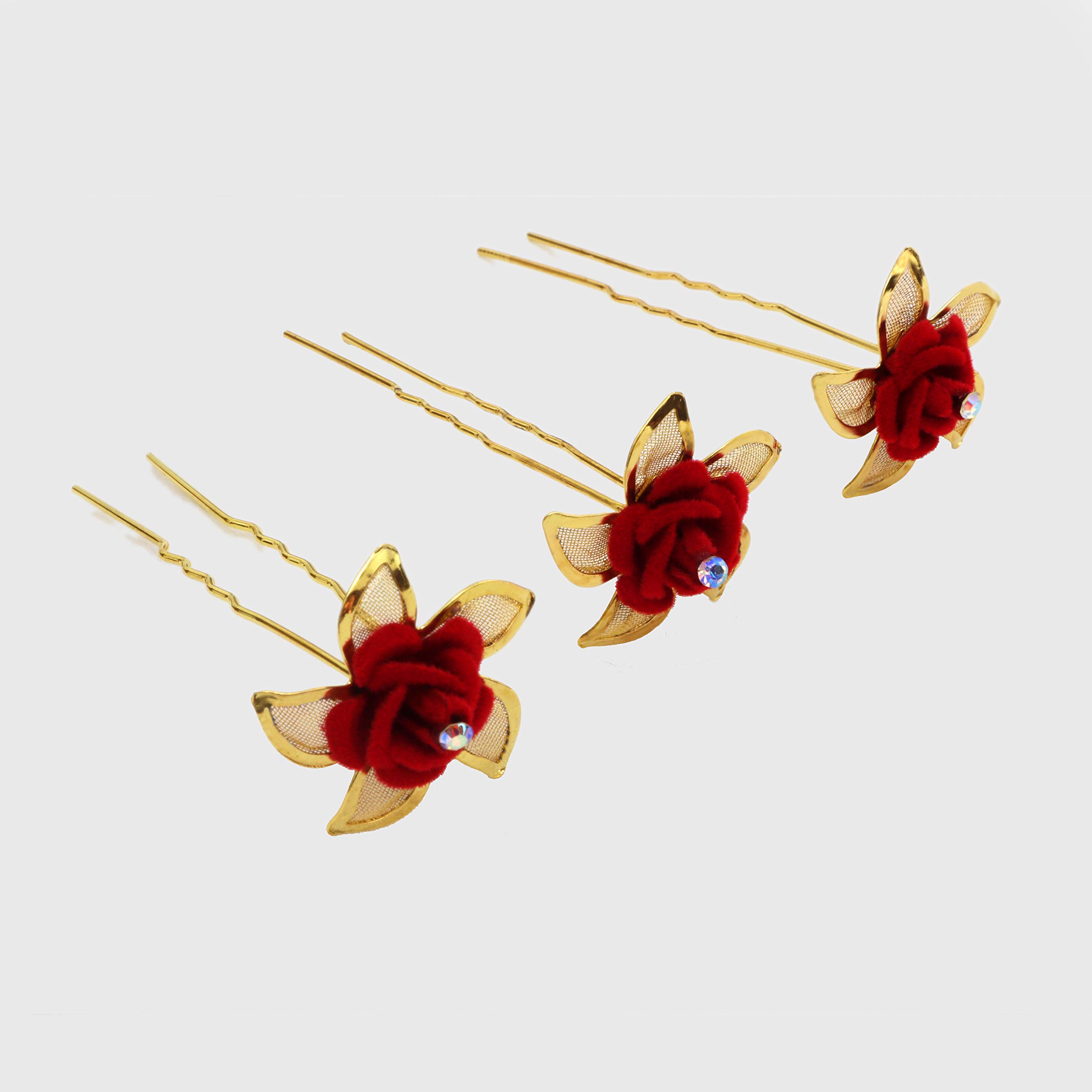 Paradise® Hair Pins for Women - Elegant Bridal Hair Accessories for Women & Girls - Large Juda Pins in Red & Gold - Perfect for Weddings, Prom & Special Occasions