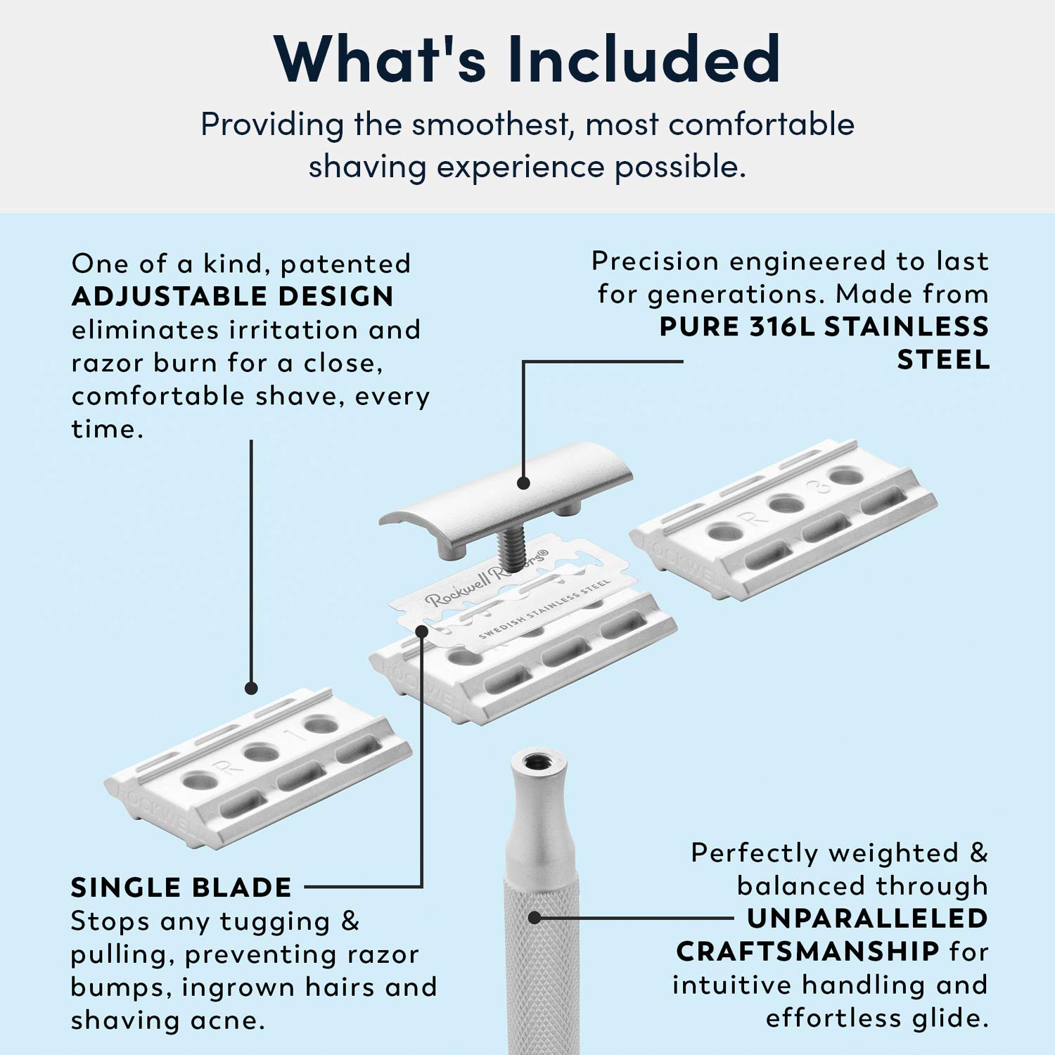 Rockwell 6S Stainless Steel Safety Razor for Men & Women - 6 Adjustable Shaving Settings, Includes 25 Recyclable Blades - Perfect for Sensitive Skin & Close Shaves at Home or Travel