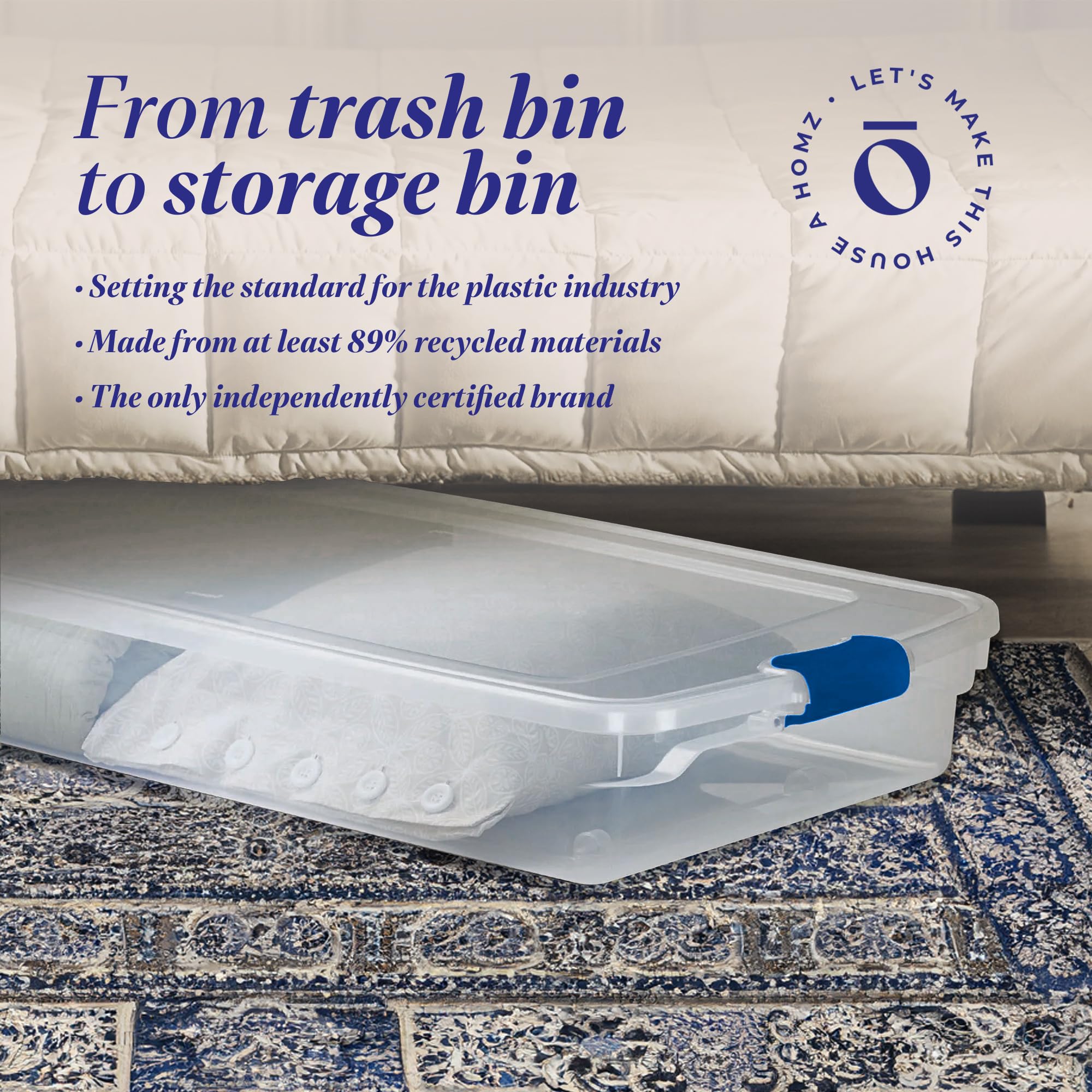 HOMZ 2-Pack Under Bed Storage Bins with Lids - 60 Quart Clear Plastic Organizer Boxes with Secure Blue Latches - Perfect for Clothes, Shoes, Blankets & Seasonal Items Storage