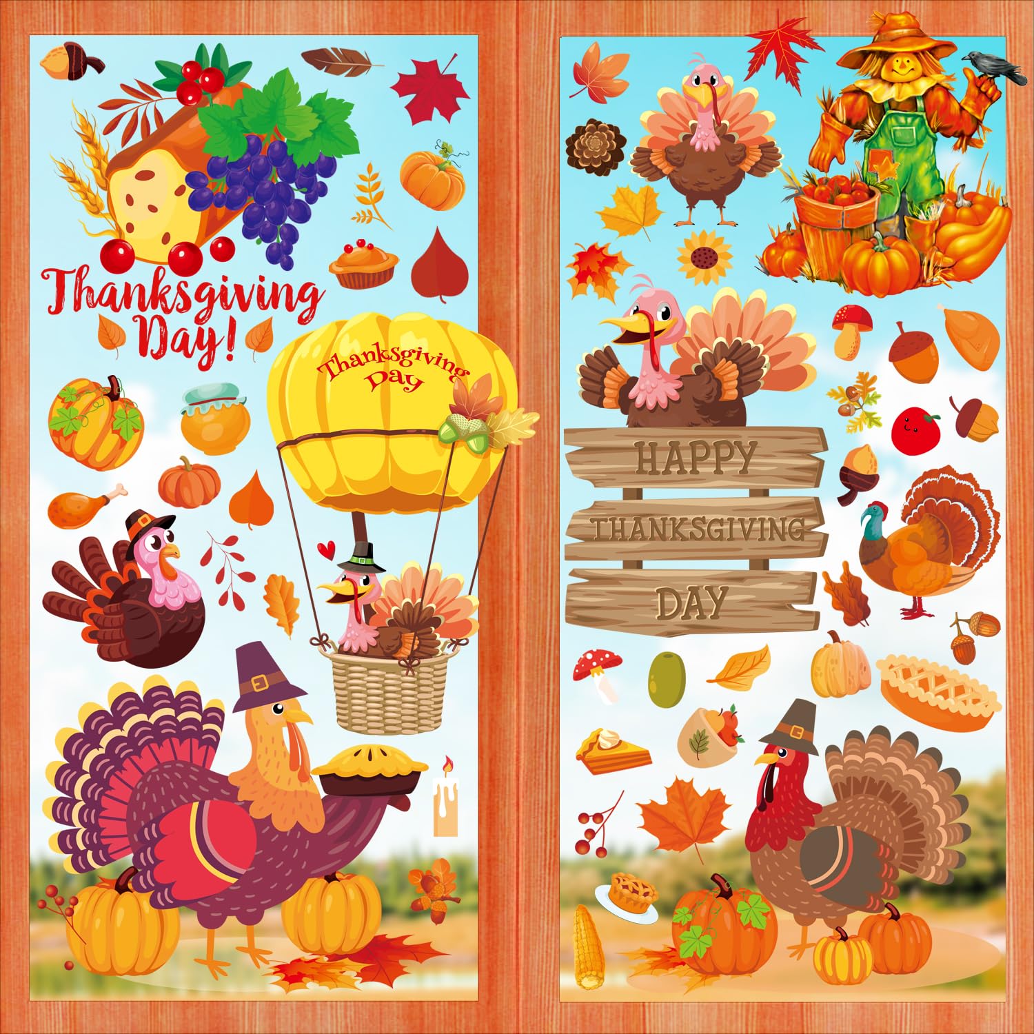 Thanksgiving Window Clings - 8 Sheets Autumn Window Stickers for Glass, Turkey Fall Decorations - Perfect for Home, Office, Classroom & Thanksgiving Party Decor