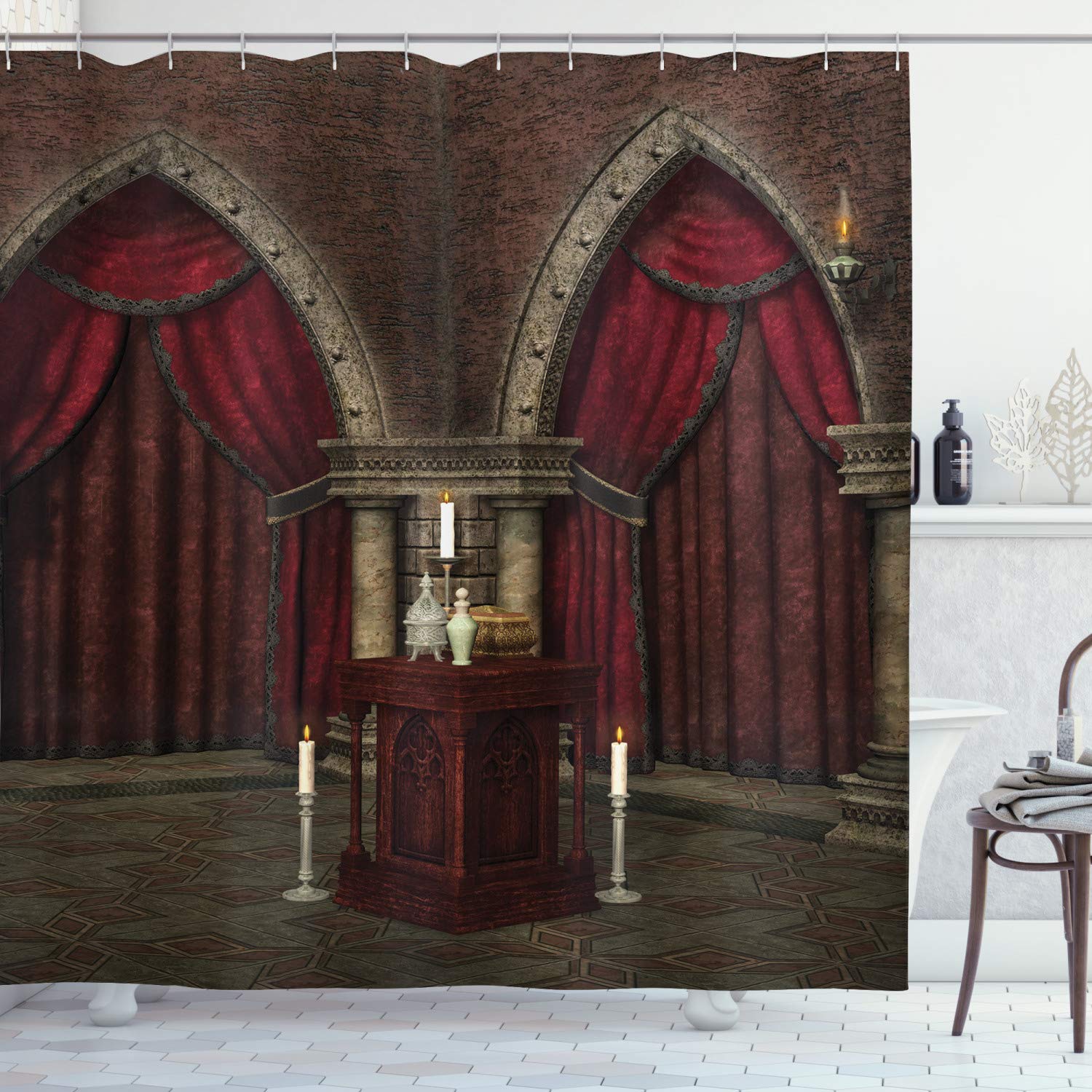 Ambesonne Gothic Shower Curtain - Dark Castle Pillars with Candles Design, 69x70 Inch Black & Red Fabric Bathroom Decor with Hooks | Perfect for Halloween, Gothic Themed Bathrooms & Medieval Home Decor