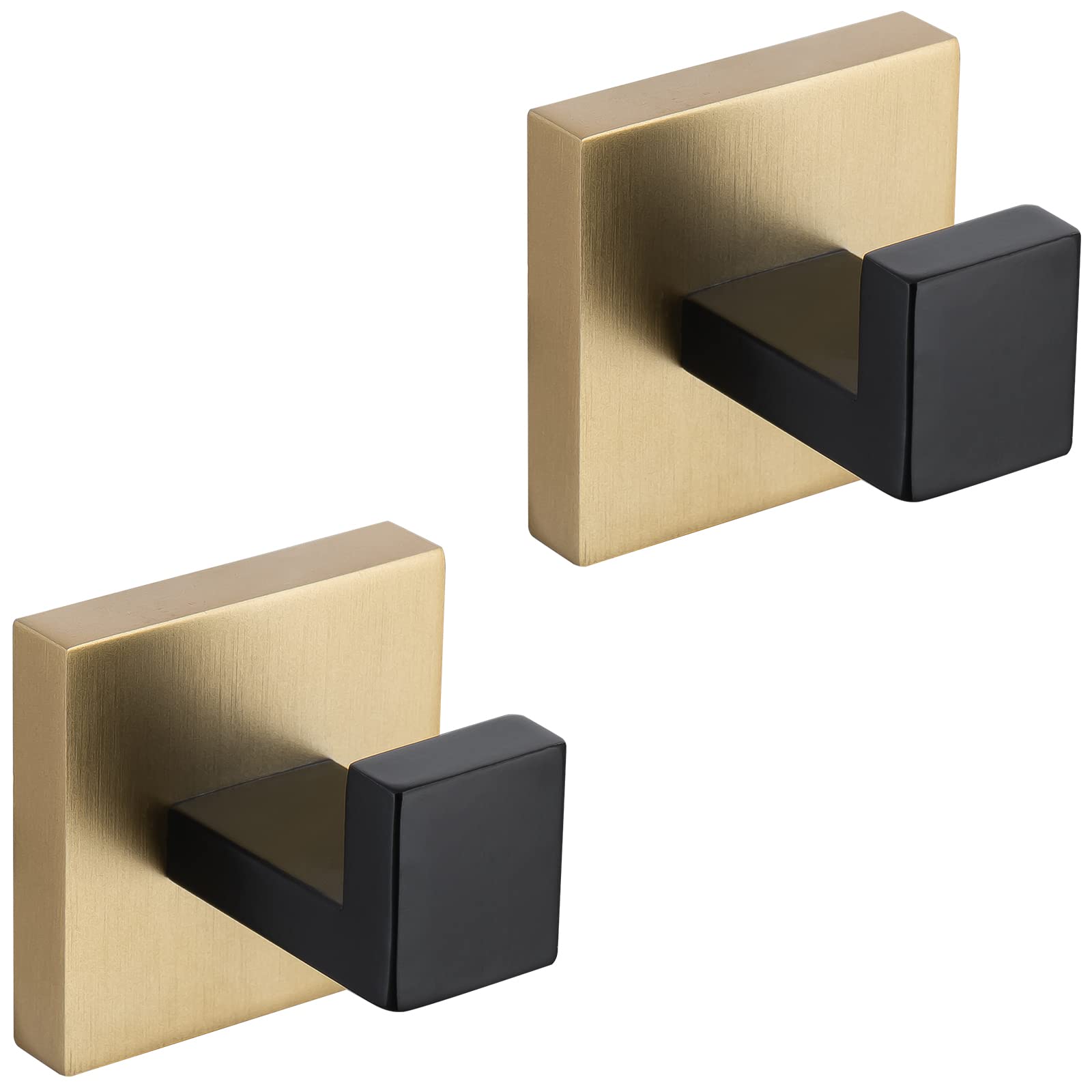 Stainless Steel Black & Gold Wall Mounted Coat Hooks - 2 Pack Square Towel/Robe Hangers for Bathroom, Kitchen, Garage - Durable Home & Office Organization Solution