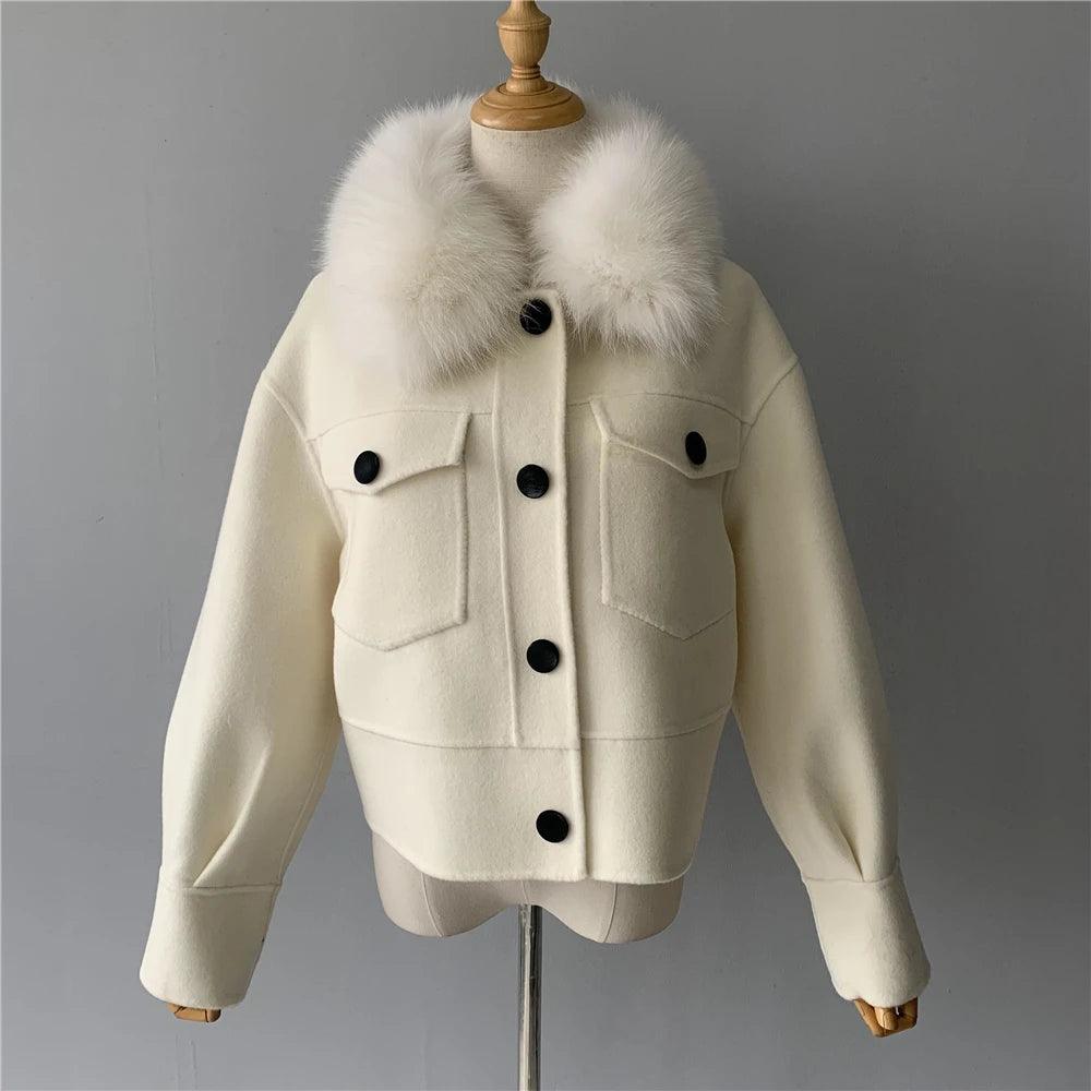 Luxury Women's Cashmere Wool Coat with Real Fur Collar - Winter Cropped Jacket, Full Sleeves & Pockets - Streetwear Outerwear for Cold Weather & Fashion Outings