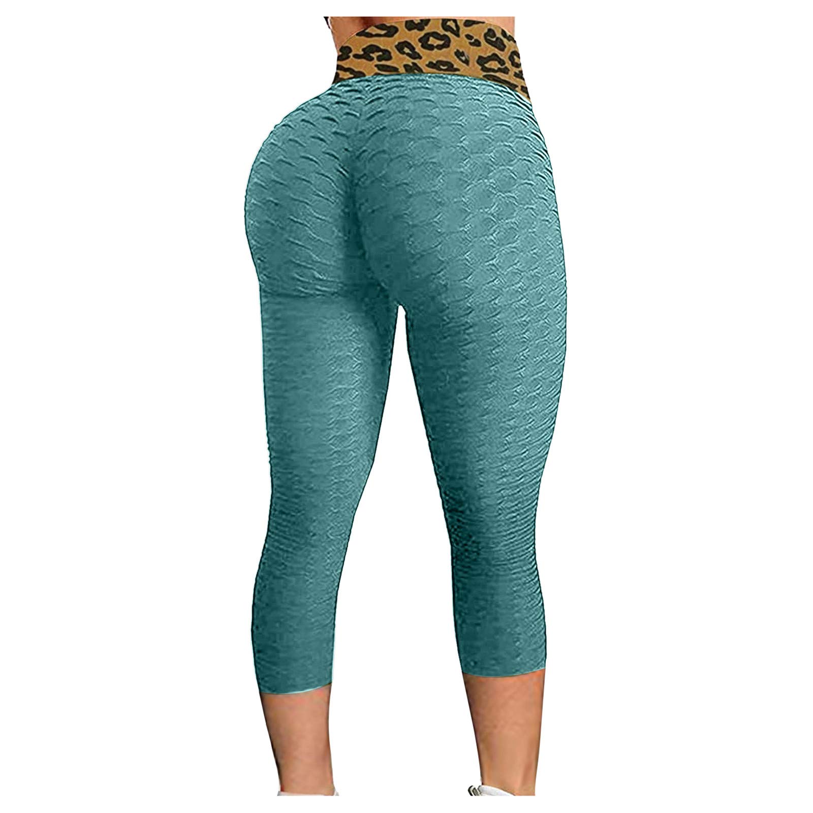 SUANOWETA Women's High Waist Yoga Leggings - Seamless Tummy Control Workout Pants with Pockets, Anti-Cellulite Compression, Leopard Print (Light Blue) - Perfect for Yoga, Gym, Running & Casual Wear