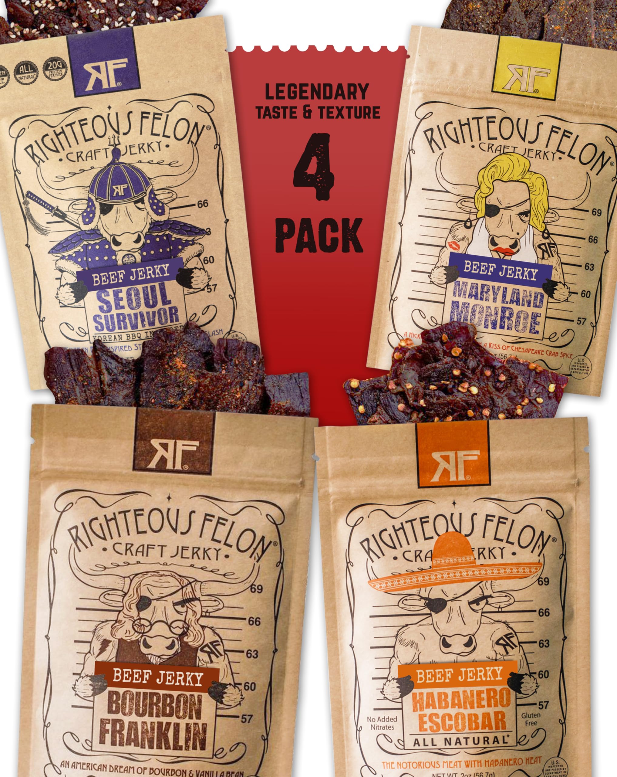 Righteous Felon Beef Jerky Variety Pack 4 Pack | Gluten Free, High Protein, Keto & Low Sugar Beef Jerky Snacks | Premium Quality Meat Jerky for Adults | Perfect for Gifts, Camping, Hiking & Road Trips | Spicy Flavored Jerky