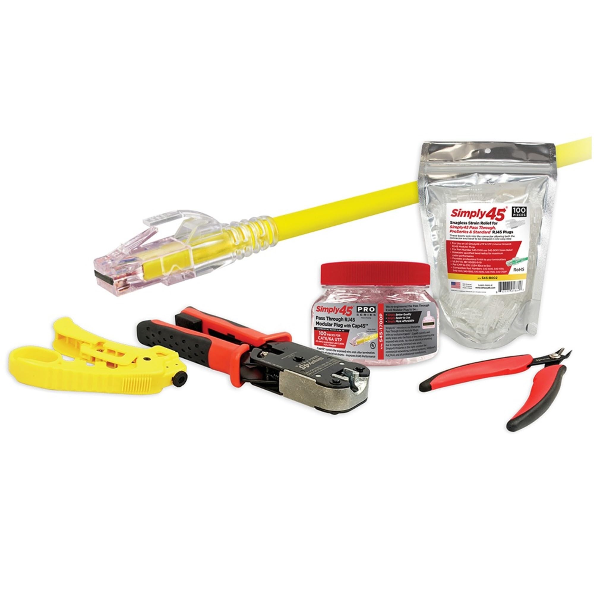 ProSeries Cat6/6a UTP Starter Kit - 100 Unshielded Modular Plugs, Flush Cutter, Strain Reliefs, Crimp Tool & Cable Stripper - Complete Ethernet Cable Installation Kit for Home & Office Networking