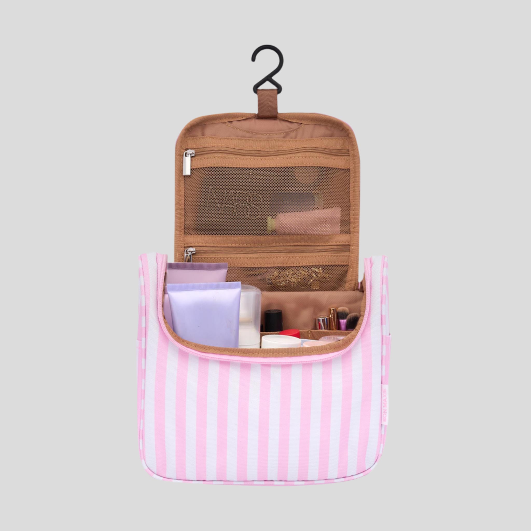 Bon Voyage Travel Toiletry Bag - Waterproof Hanging Cosmetic Organizer with Blush Stripe Design for Women | Perfect for Vacation, Gym & Business Trips
