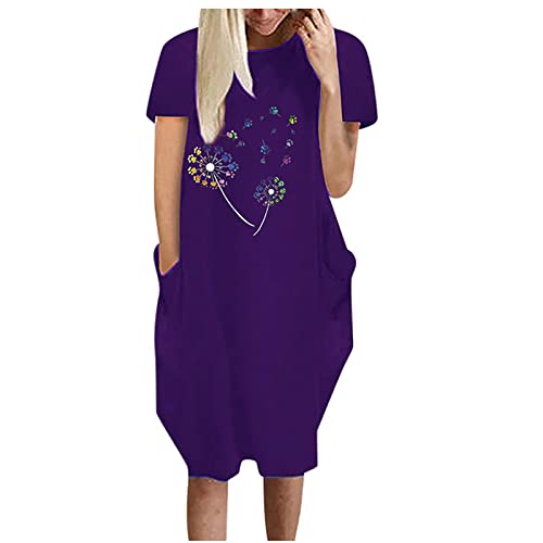 FAVIPT Women's Casual Summer T-Shirt Dress with Pockets - Floral Dandelion Print Short Sleeve Tunic Dress for Beach, Vacation & Everyday Wear | 2022 Fashion Trend