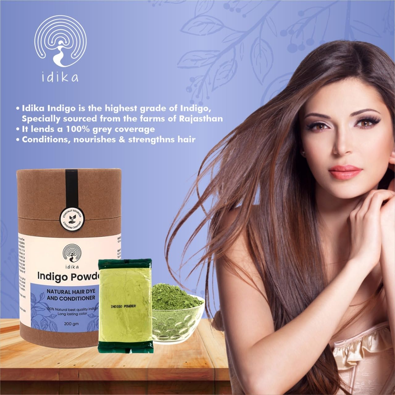 Idika Natural Indigo Powder for Hair - 100% Organic & Chemical-Free Grey Hair Dye, Safe Hair Coloring for Men & Women, Protects & Strengthens Hair, 200g - Perfect for Home Hair Care & Natural Beauty Routines