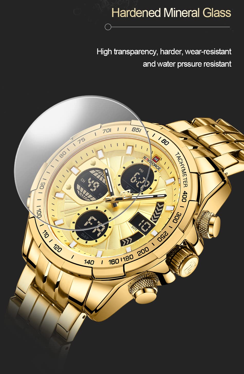 NAVIFORCE Men's Stainless Steel Waterproof Watch - Digital Analog Chronograph for Business & Military Use
