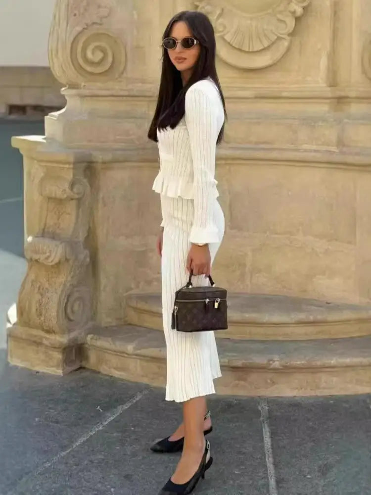Vintage Women's Long Sleeve Ruffled Cardigan & High Waist Wrap Fishtail Skirt 2-Piece Set - Autumn Winter Knit Sweater Outfit for Casual Wear, Office, Date Night
