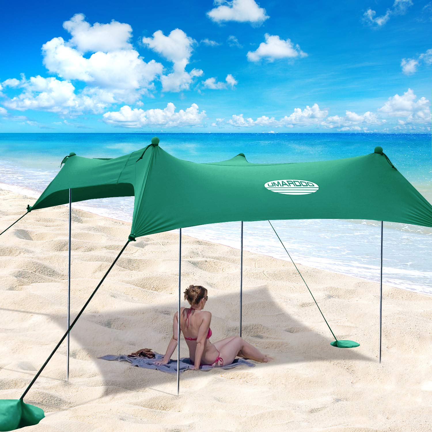 UMARDOO 7x7 FT Pop Up Beach Tent with 4 Aluminum Poles - Portable Sun Shade Shelter with Carry Bag for Family, Kids, Camping, Picnics & Outdoor Activities (Green)
