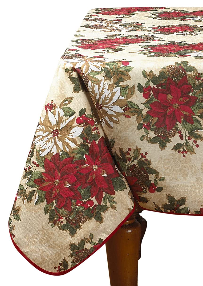 European Linen Tablecloth - Poinsettia Christmas Design for Dining & Parties