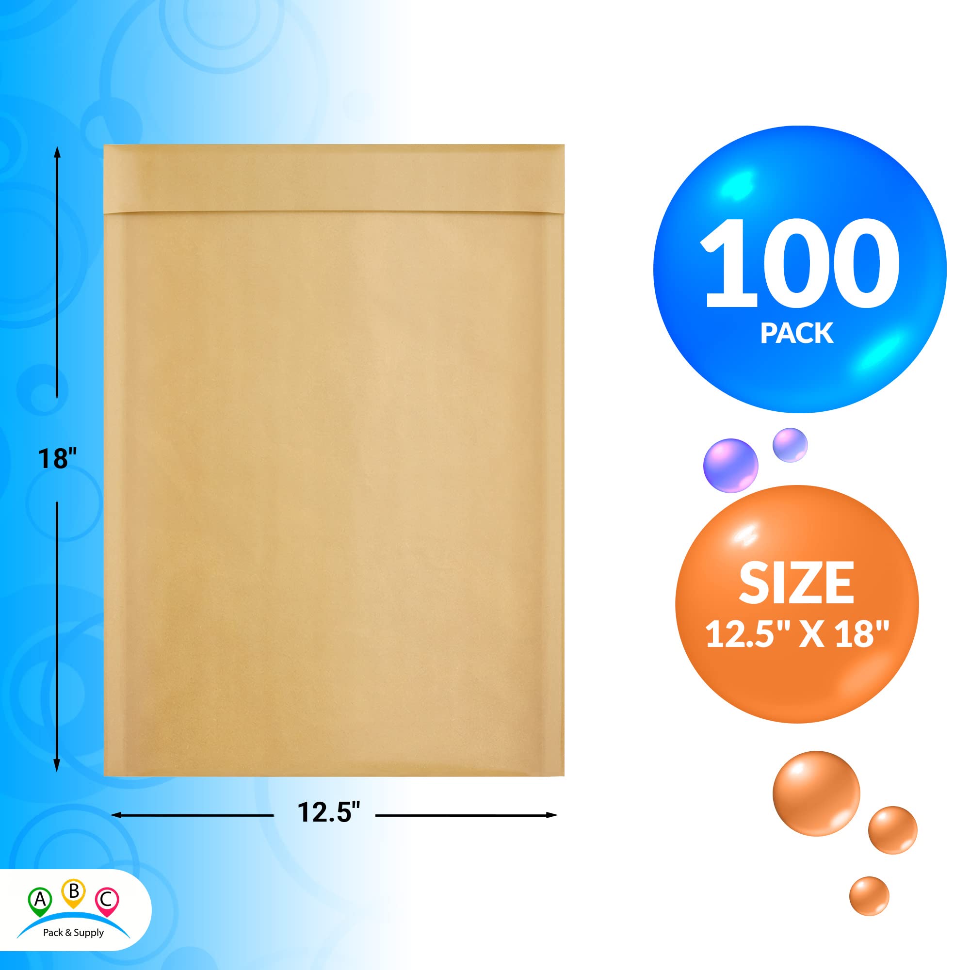 ABC 12.5x18 Inch Kraft Bubble Mailers - Pack of 100 Waterproof Self-Sealing Shipping Envelopes | 56 GSM Padded Cushioned Mailers with Self-Adhesive Tape | Perfect for Ecommerce, Amazon FBA & Small Business Shipping