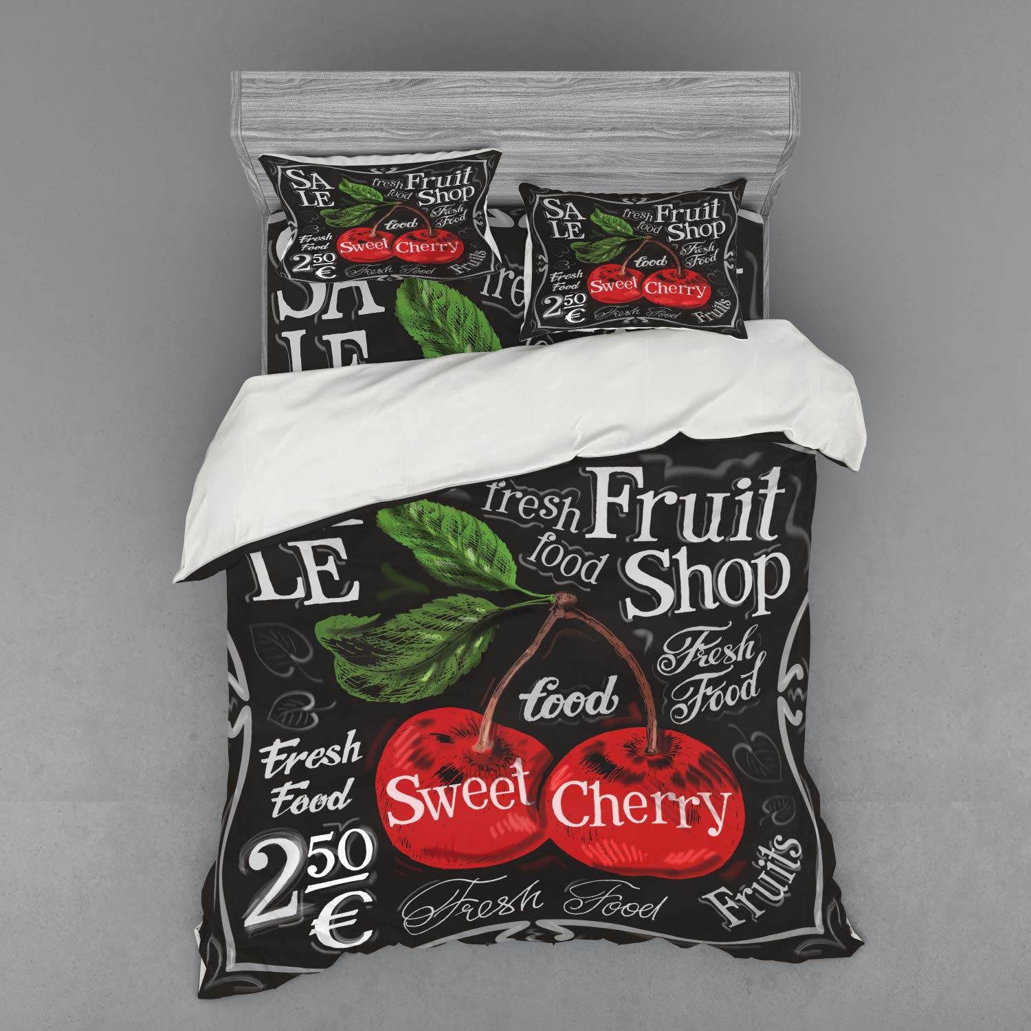 Ambesonne 4-Piece Queen Size Duvet Cover Set - Ripe Cherries Sketch Design with Stem & Leaves on Dark Backdrop, Includes Shams & Fitted Sheet | Perfect for Bedroom Decor, Guest Room Makeover & Fruit-Themed Home Styling