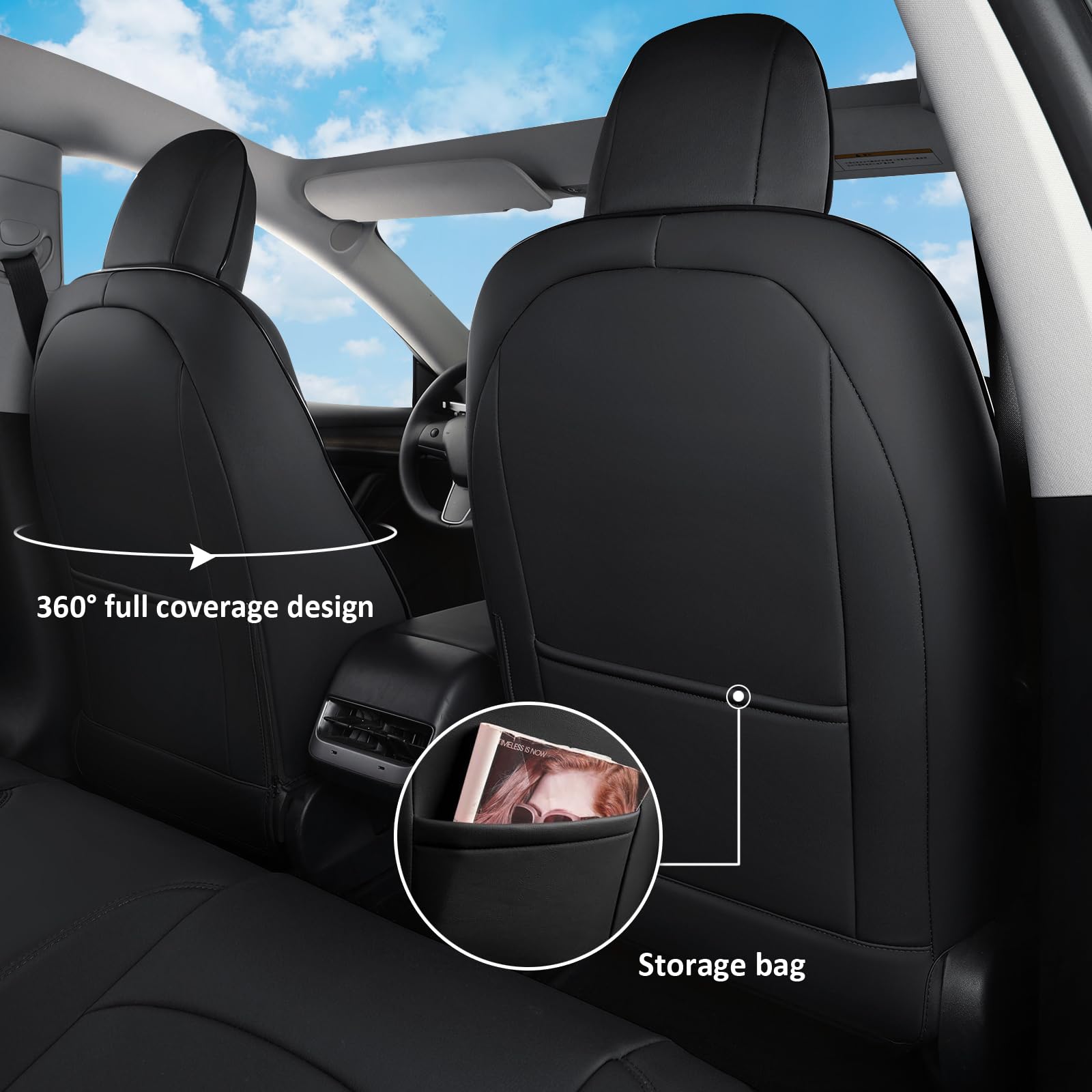 Custom Tesla Model 3 Seat Covers Full Set (2017-2023) - Premium Faux Leather Black - Giant Panda Design - Perfect for Road Trips & Daily Commuting