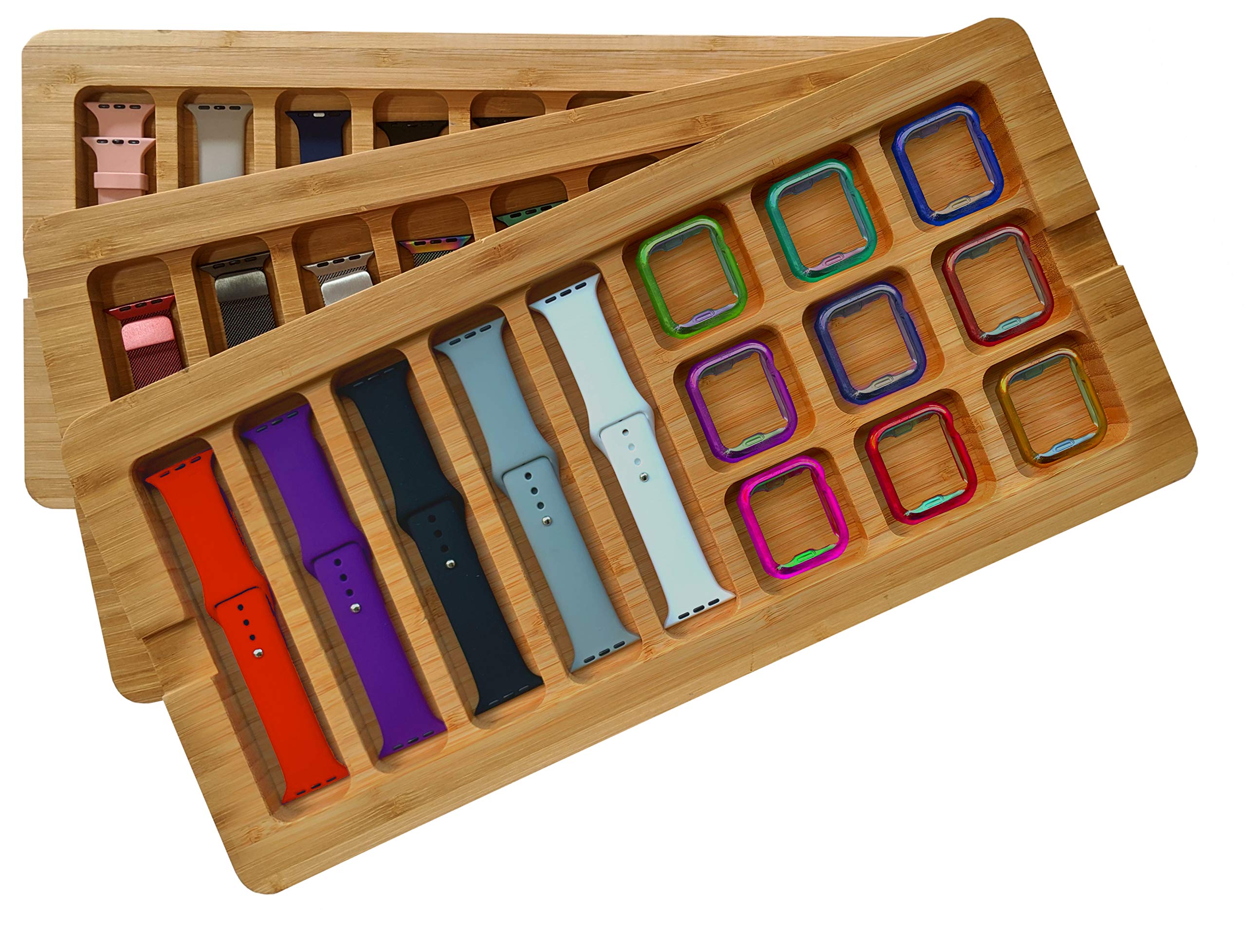 Stackable Bamboo Watch Band Organizer - Holds 5+ Apple Watch Bands & 9+ Cases with Protective Cover | Wooden Storage Tray for Apple Watch Accessories | Perfect for Home, Office & Travel Organization
