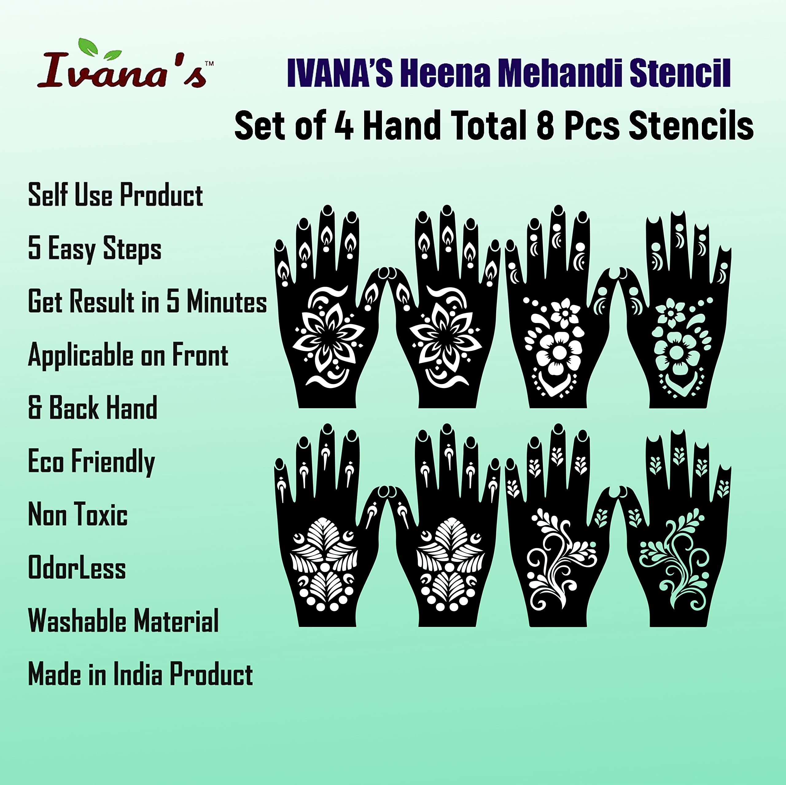 Set of 8 Henna Tattoo Stencils for Women, Girls & Kids - Beautiful Hand Design Temporary Tattoo Kit - Perfect for Parties, Weddings & Festivals (M-28)