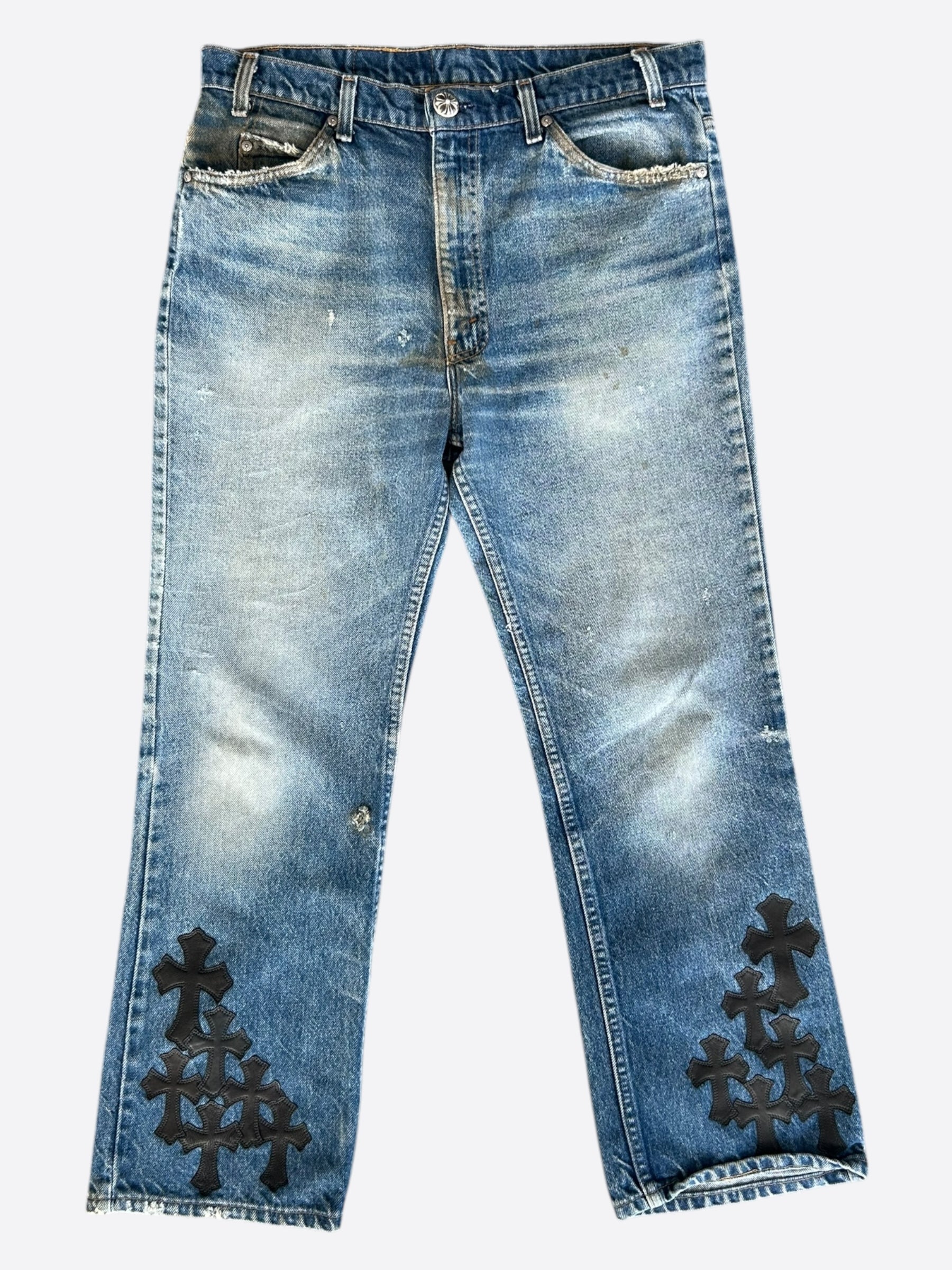 Chrome Hearts x Levi's Blue & Black Cross Patch Denim Jeans for Men - Stylish Vintage Distressed Skinny Jeans - Perfect for Casual Outfits, Streetwear, and Night Out