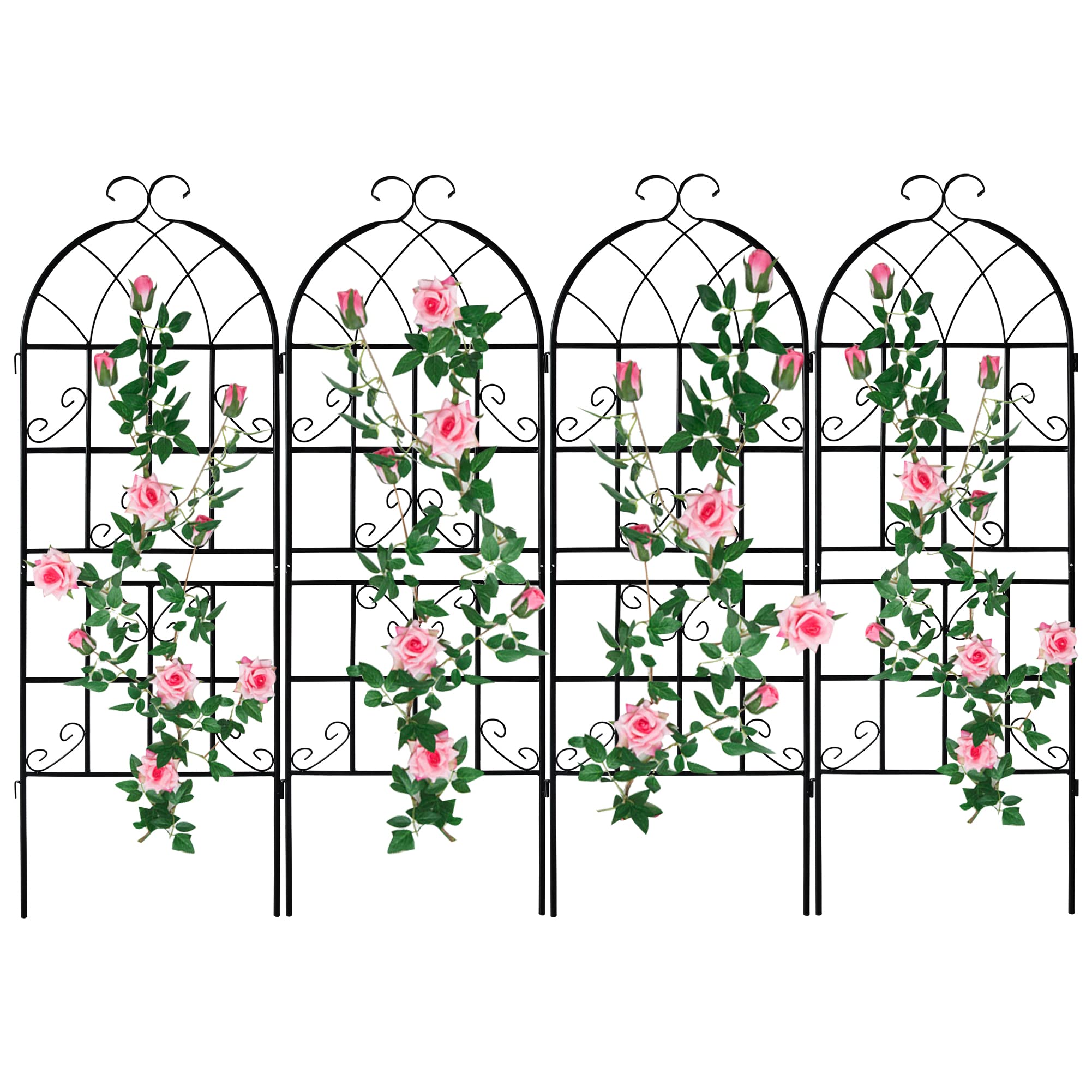 4 Pack Rustic Garden Trellis - Black Coated Metal Plant Support for Climbing Roses, Vines, Flowers & Vegetables | Outdoor Decorative Plant Stake for Patio, Garden & Backyard Landscaping