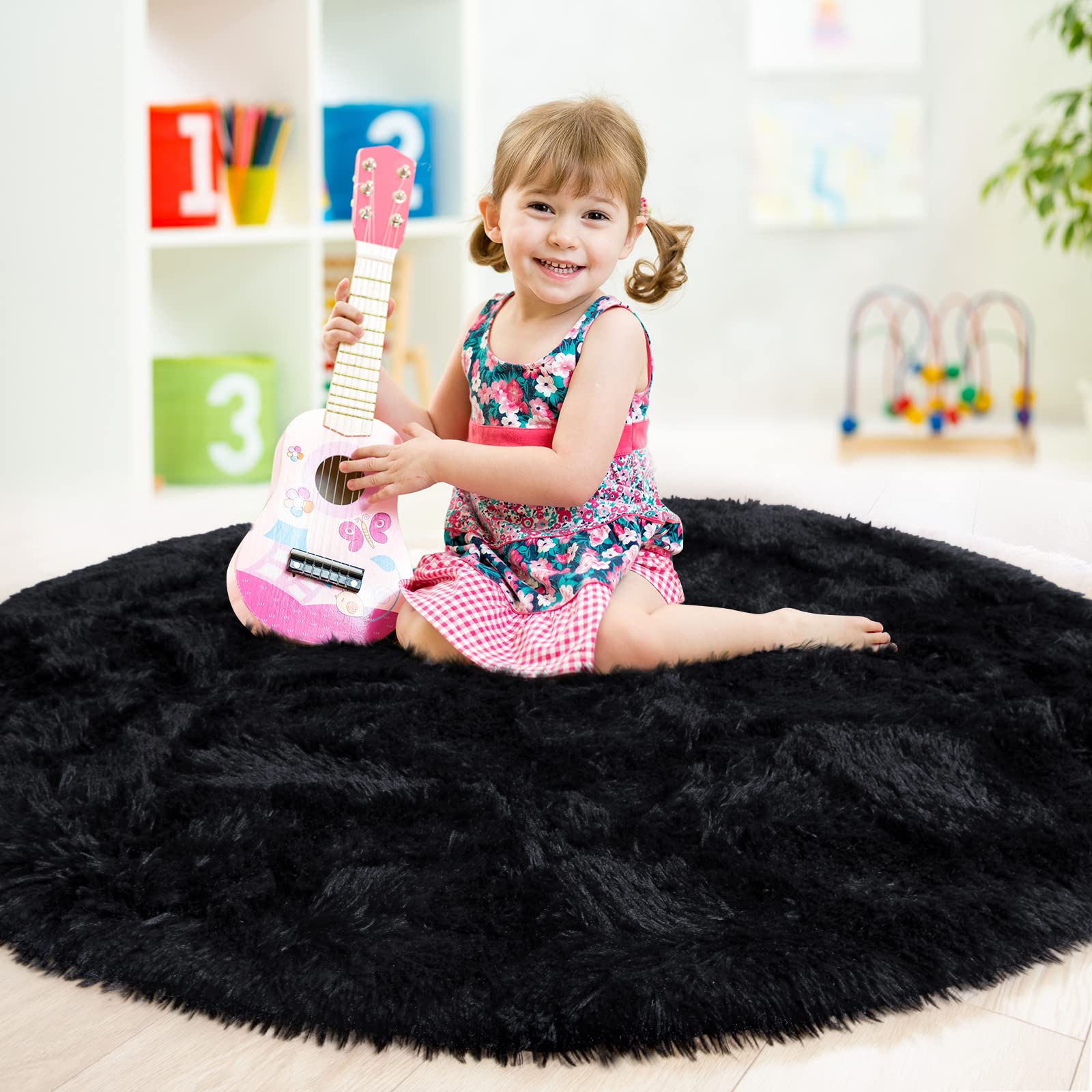 **Junovo 5x5 Feet Round Fluffy Soft Area Rug - Plush Shaggy Carpet for Kids Room, Nursery, Girls Bedroom & Home Decor | Princess Castle Design, Cute Circle Rug for Playroom, Baby Room & Cozy Spaces (Black)**