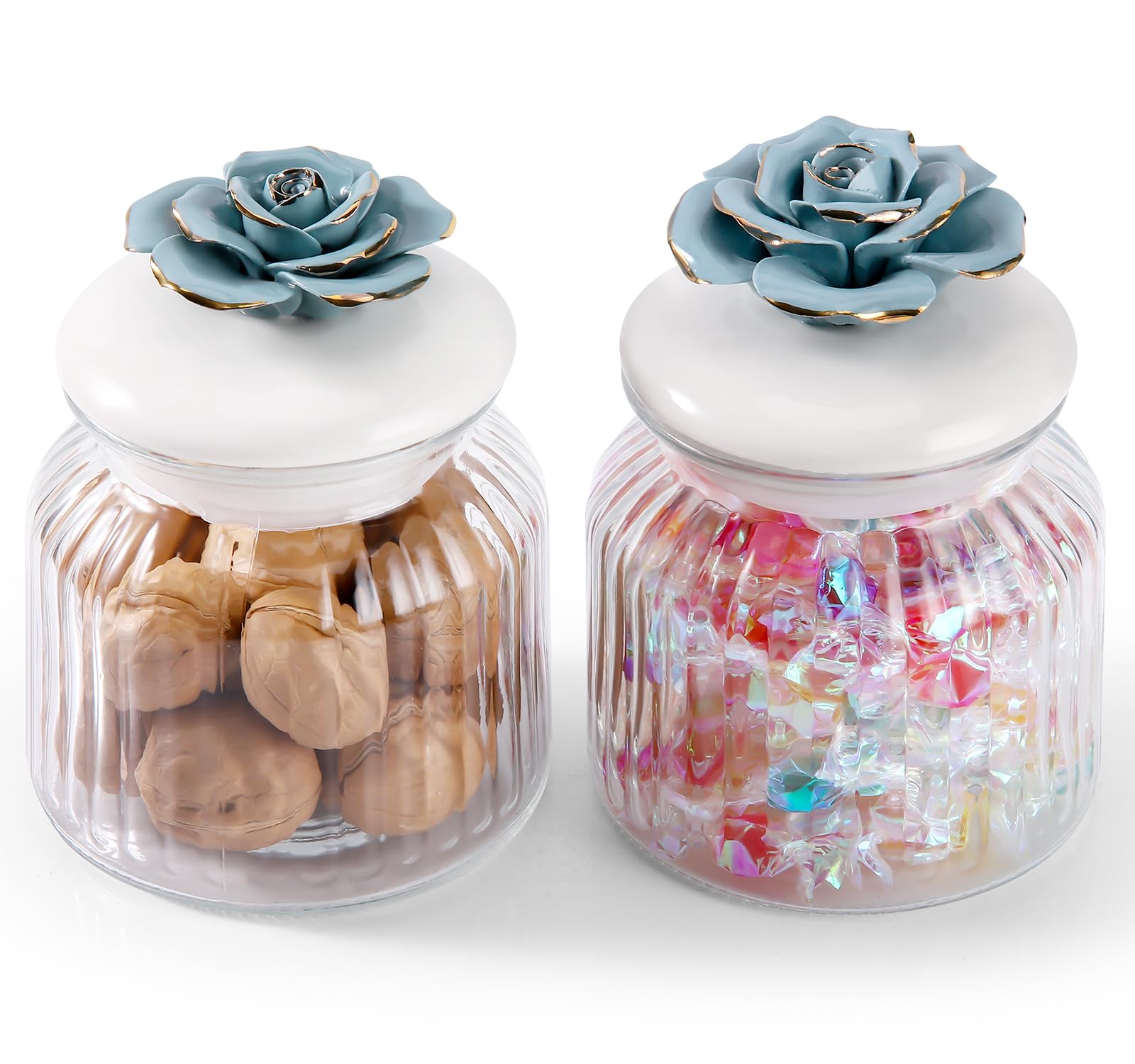 Handmade Glass Jars with Airtight Ceramic Lids - Porcelain Rose Design Food Storage Containers for Kitchen, Coffee, Tea, Sugar & Candy - Blue Rose Decorative Canisters (Set of 2) - Perfect for Pantry Organization & Home Decor