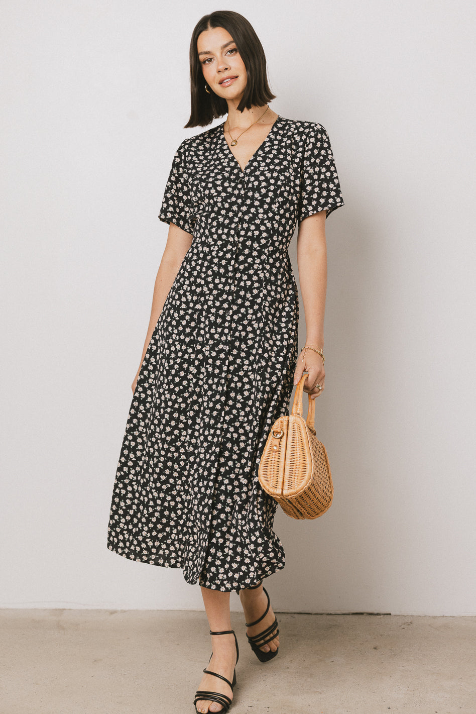 Malik Floral Midi Dress - Black Flowy Summer Dress for Women | Perfect for Weddings, Parties & Date Nights