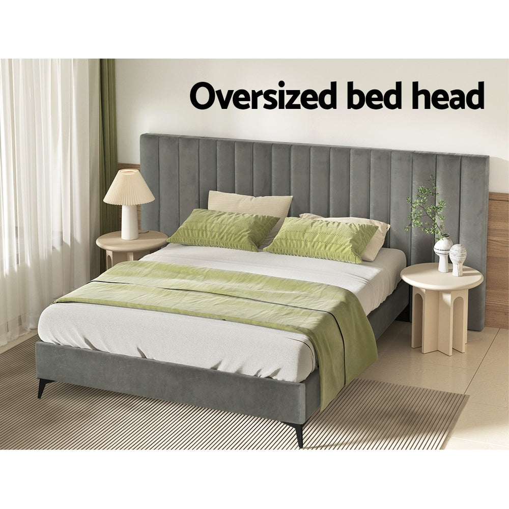 Burnett Queen Bed Frame with Oversized Headboard - Soft Velvet Upholstery in Elegant Grey | Perfect for Master Bedroom, Guest Room & Apartment Decor