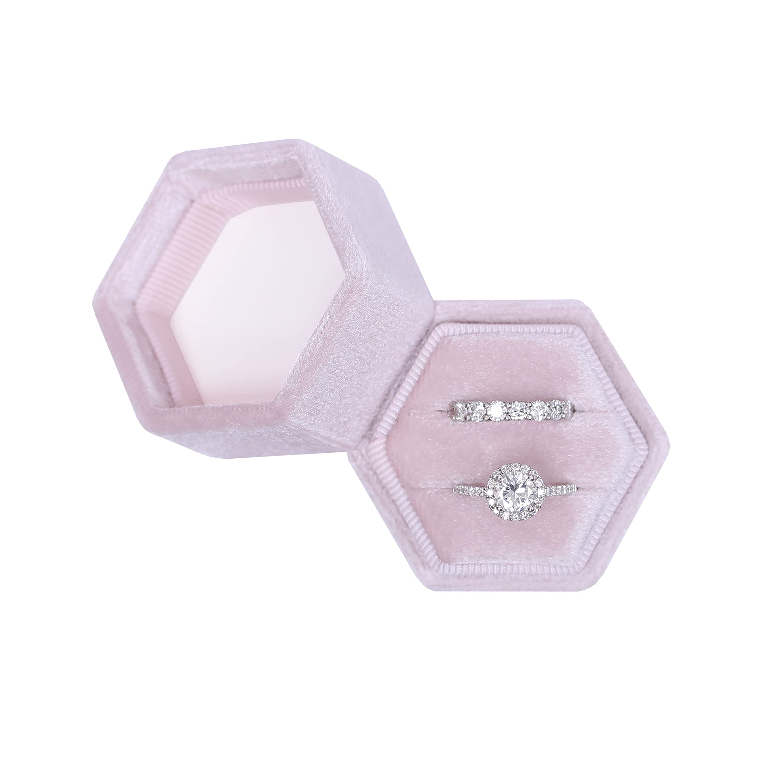 Hexagon Velvet Double Slots Ring Box - Premium Engagement Ring Holder, Proposal Jewelry Display Case (Ballet Pink) - Perfect for Wedding Proposals, Anniversary Gifts & Jewelry Storage