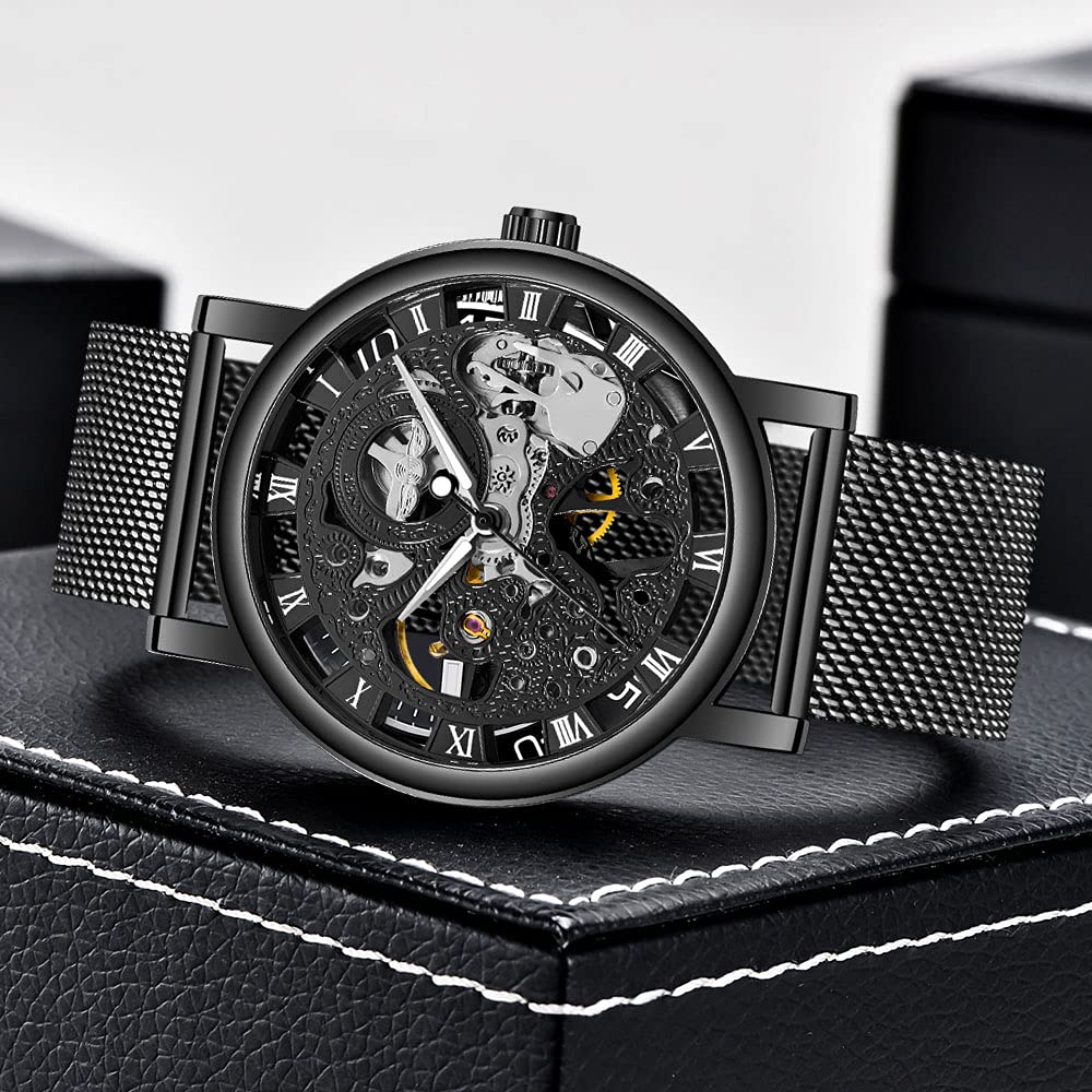 Men's Skeleton Mechanical Watch with Roman Numerals & Mesh Strap - Hand Winding Luminous Waterproof Wristwatch for Business, Casual & Formal Occasions