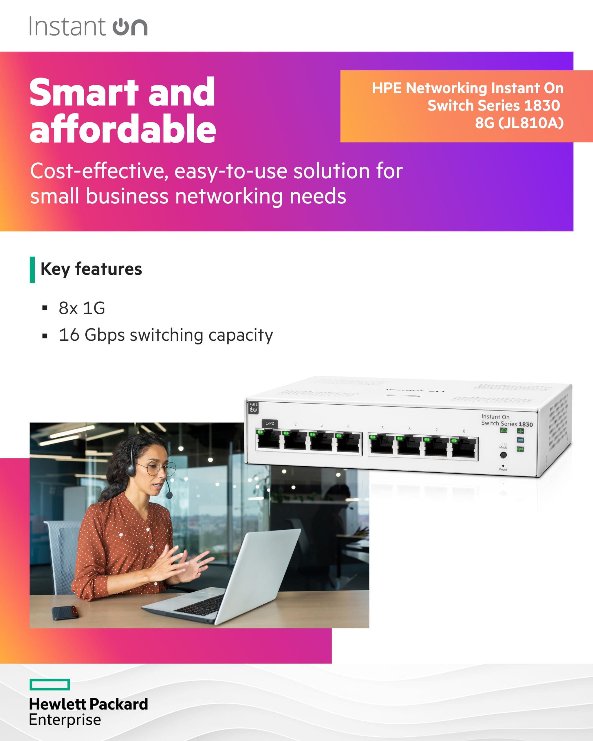 HPE Networking Instant On 1830 8-Port Gigabit Smart Managed Layer 2 Ethernet Switch | 8x 1G Ports | Fanless Design | UK Power Cord (JL810A#ACC) | Ideal for Small Business Networks & Home Offices