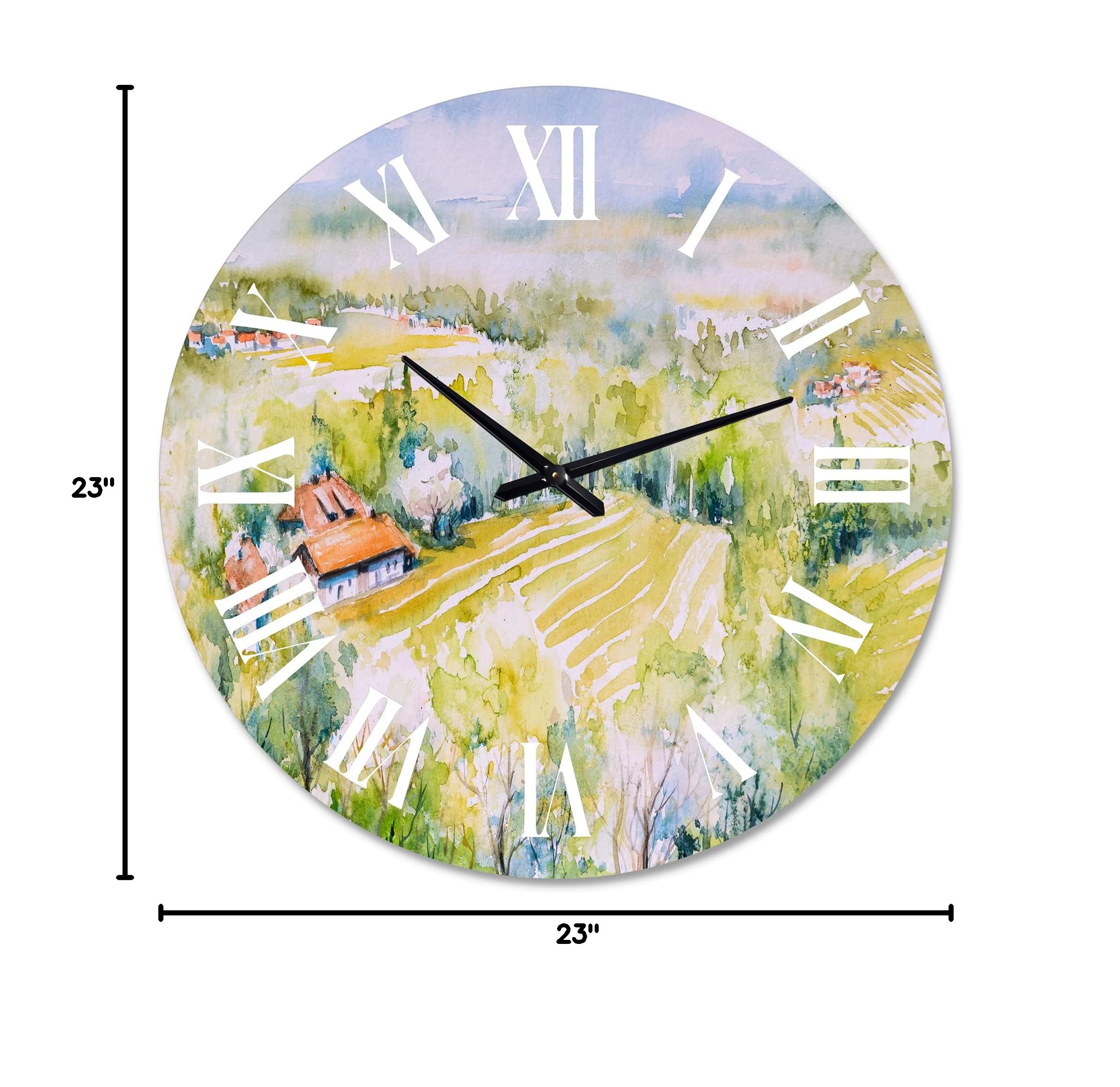 Large Country Wall Clock - 'Blossoming Green Fields' Landscape Nature Decor for Kitchen, Living Room, Bedroom | Rustic Farmhouse Style Home Décor