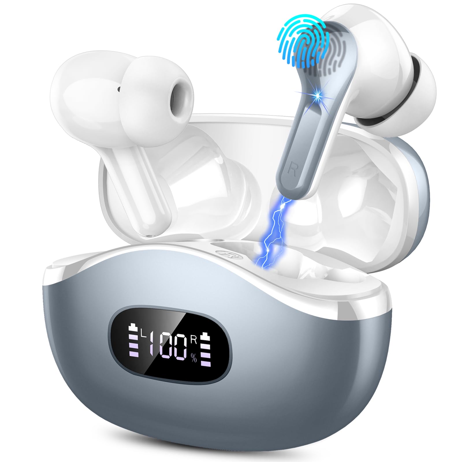 2024 Wireless Earbuds Bluetooth 5.4 with ENC Noise Cancellation, 40H Playtime & Deep Bass, IP7 Waterproof LED Display Headphones for Android iOS - Perfect for Gym, Running, Commuting & Travel (Grey)