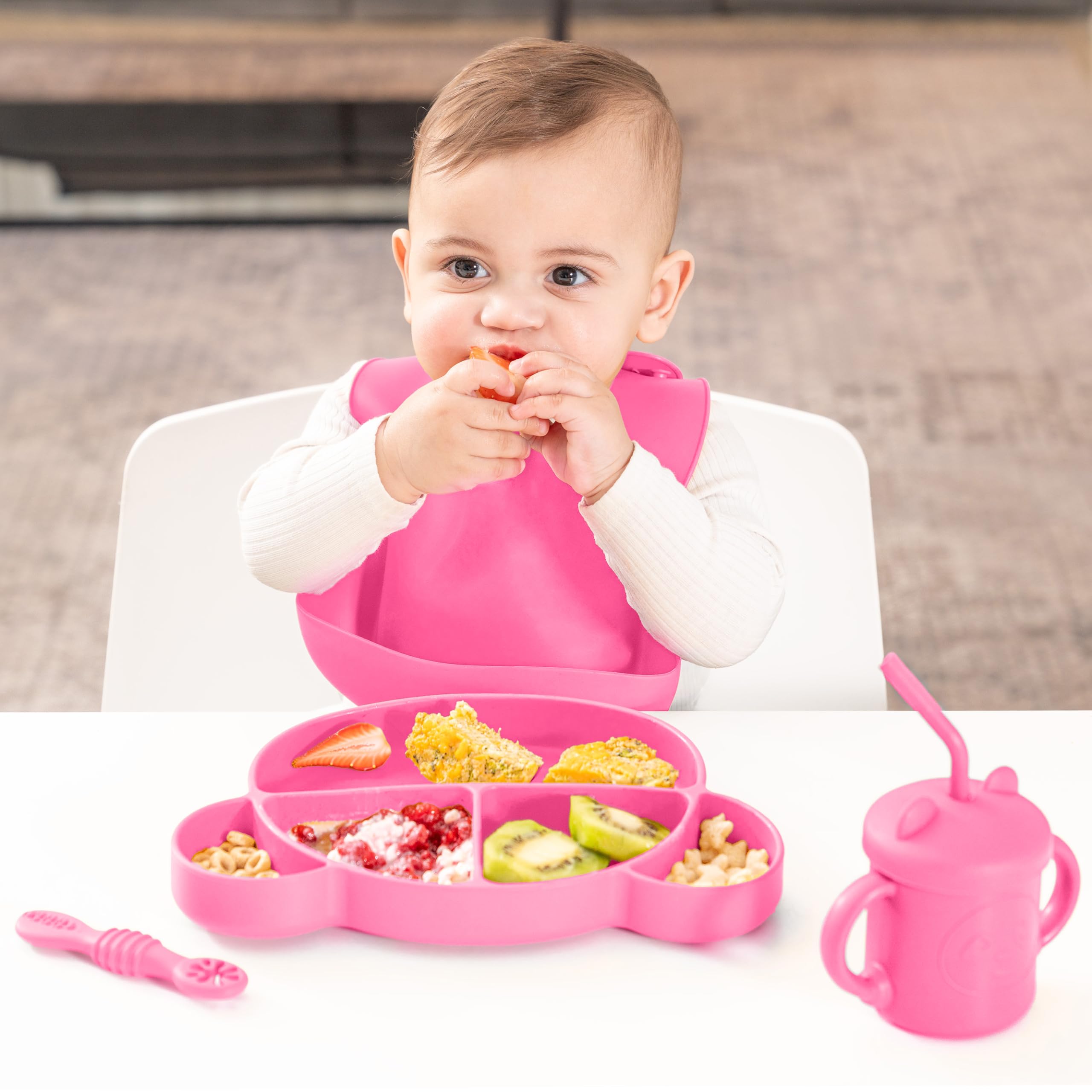 Complete Silicone Baby-Led Weaning Set - 15-Piece Animal-Themed Toddler Feeding Essentials with Bib, Suction Plate, Bowl, Forks, Spoons, Sippy Cup & Straws (Cheeky Pink) - Perfect for Mess-Free Mealtime & Early Self-Feeding Development