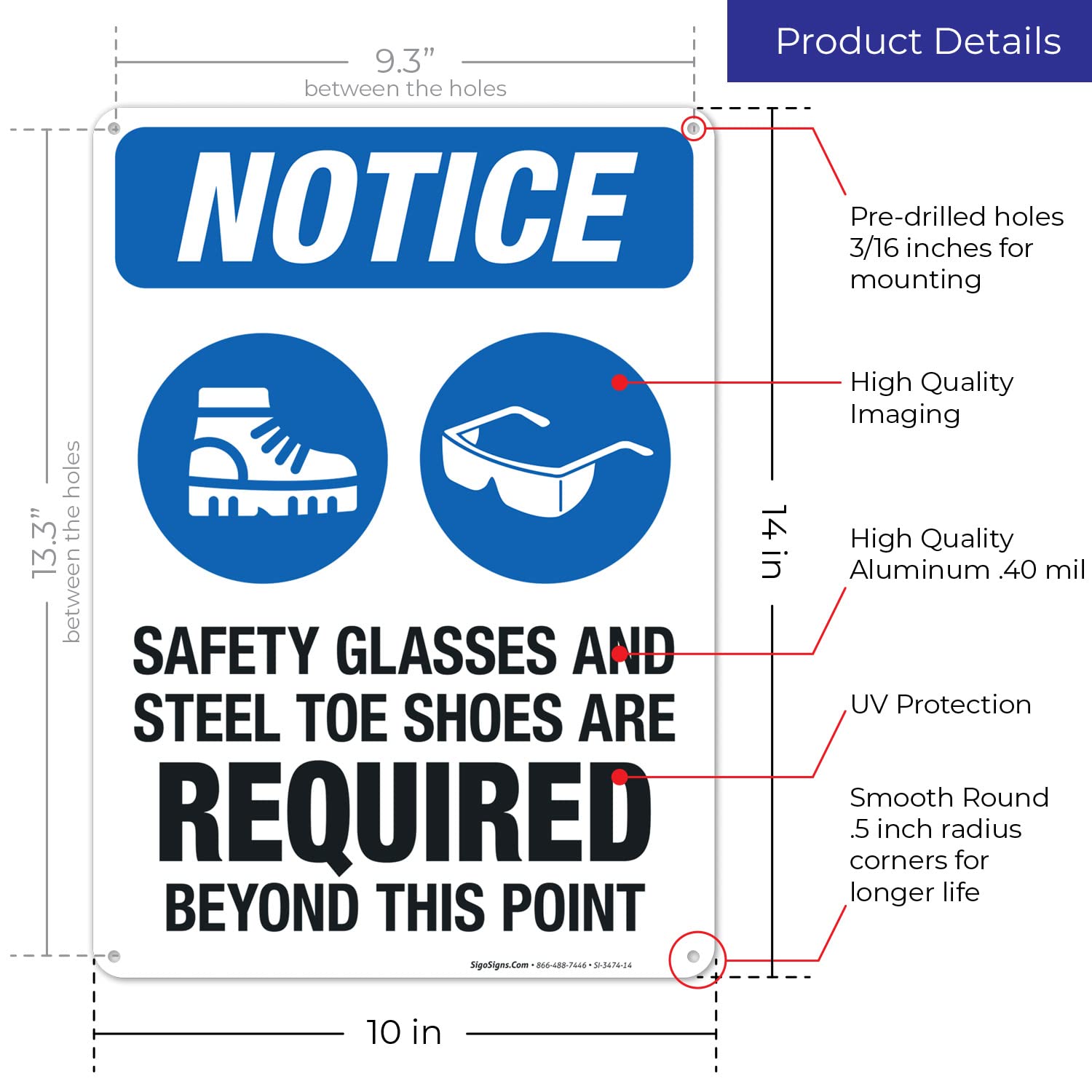 OSHA Safety Sign - 'Safety Glasses & Steel Toe Shoes Required Beyond This Point' - 10x14 Inches Rust-Free .040 Aluminum - Fade Resistant for Indoor/Outdoor Use - Made in USA - Perfect for Construction Sites, Warehouses & Industrial Facilities