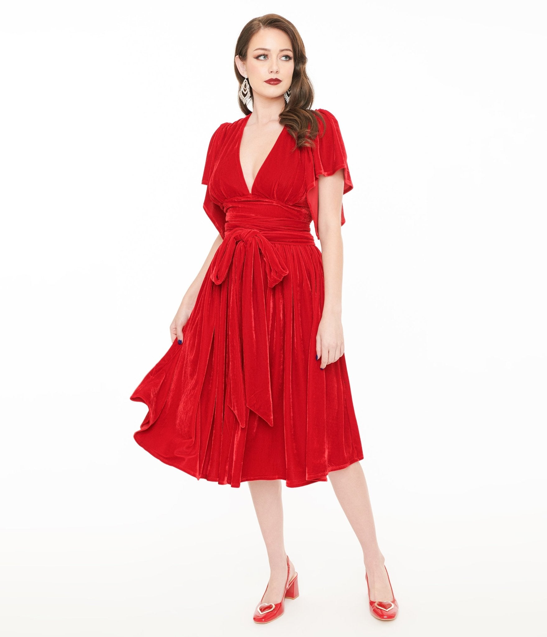 Vintage 1940s Red Velvet Swing Dress with Flutter Sleeves - Retro Lenora Style for Parties, Weddings & Special Occasions