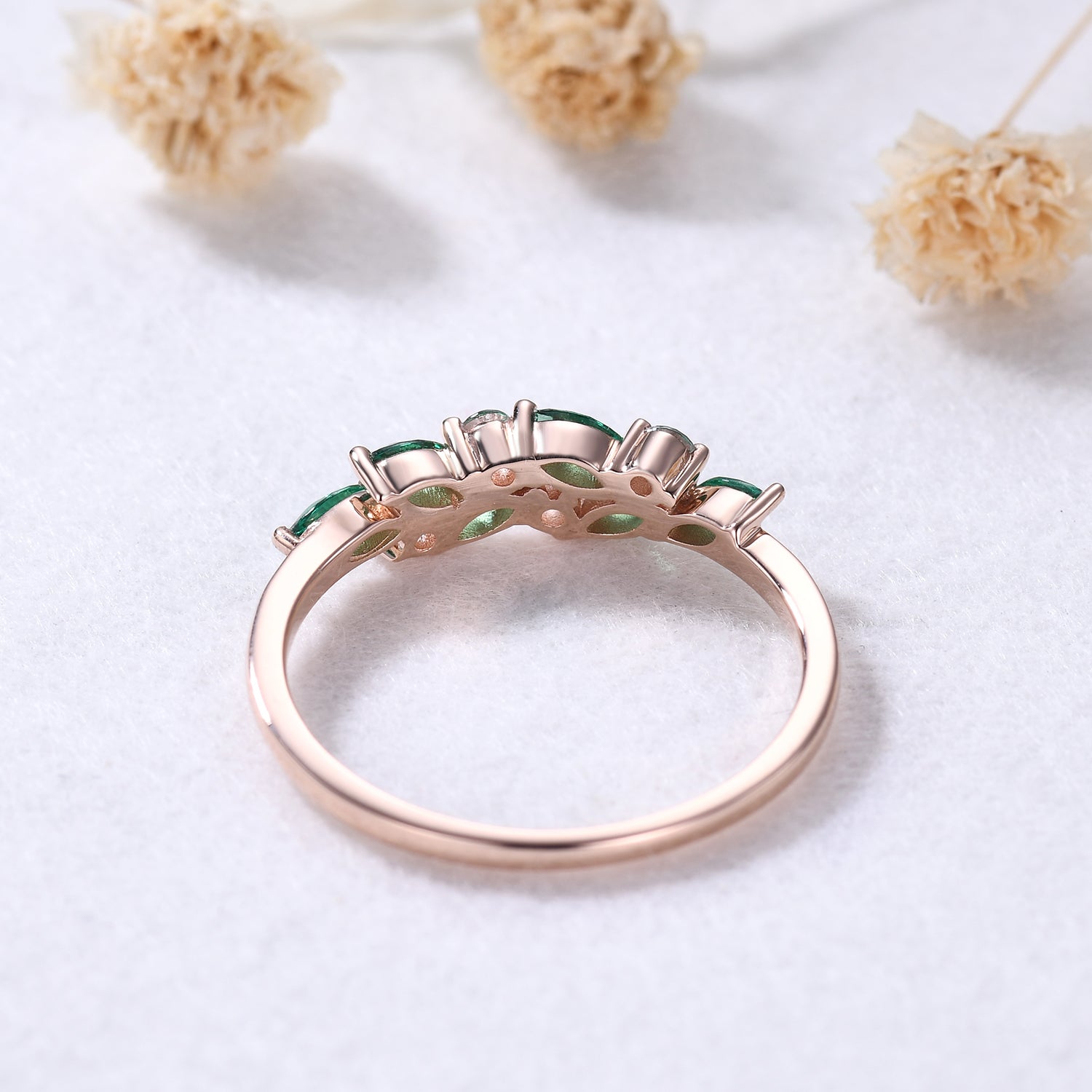 Exquisite 14k Rose Gold Emerald & Aquamarine Cluster Wedding Band – Elegant Mother’s Ring for Anniversary, Gift & Special Occasions