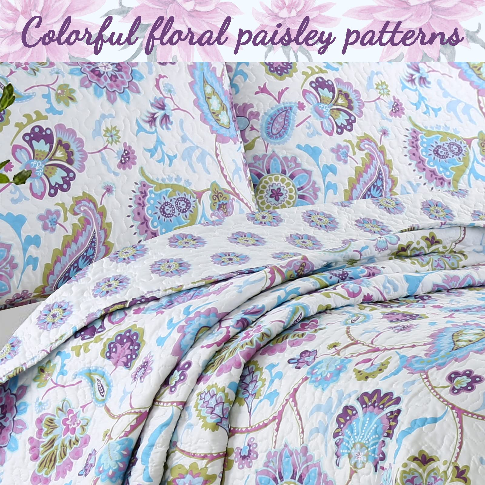 Cozy Line Home Fashions Lilac Lavender Purple Floral Paisley Reversible Quilt Bedding Set - King Size 3-Piece Lightweight All-Season Coverlet Bedspread | Perfect for Master Bedroom, Guest Room & Dorm Decor