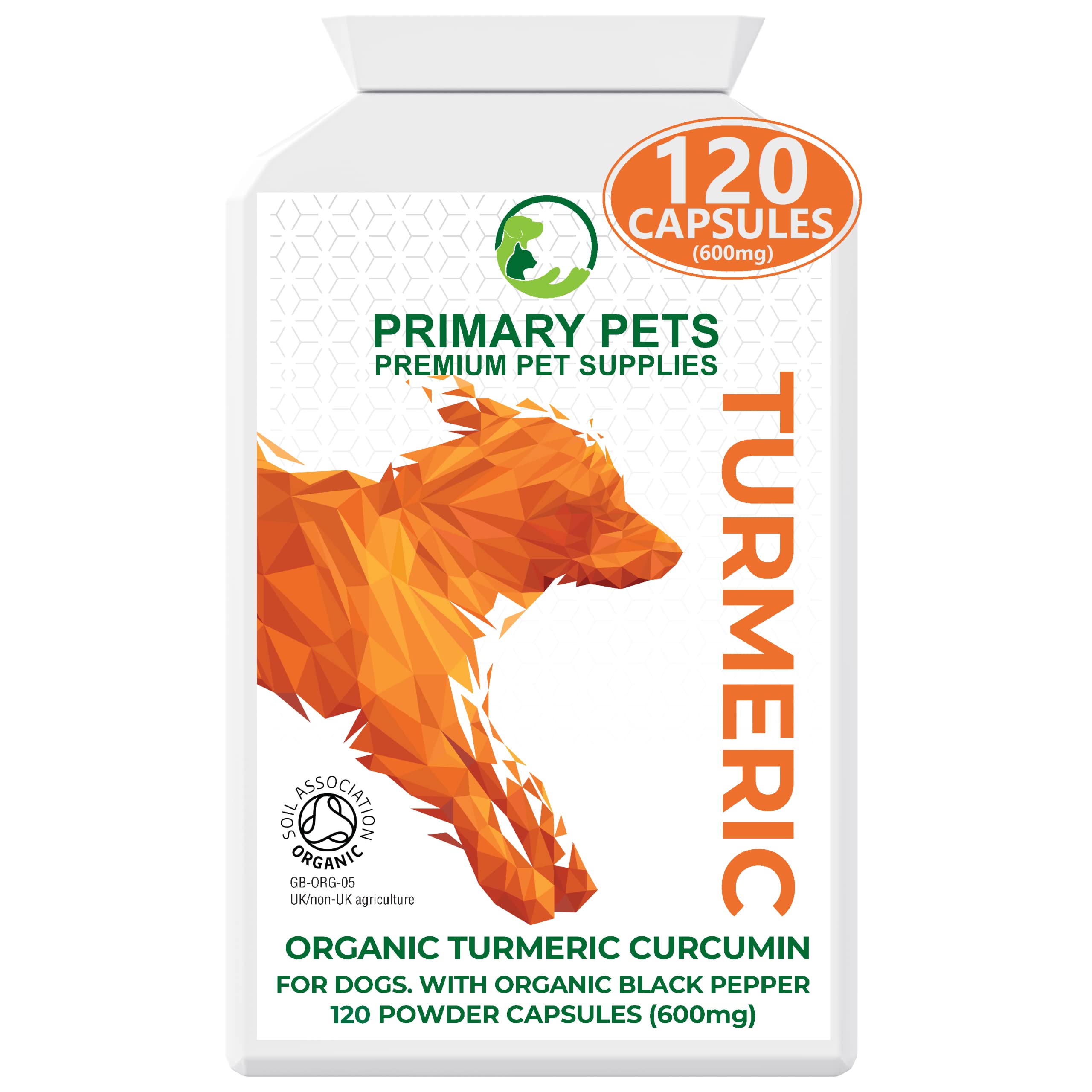 Primary Pets Premium Organic Turmeric for Dogs - 120 x 600mg Curcumin Capsules with Black Pepper | Hip & Joint Support Supplement for Dogs | Antioxidant Dog Joint Care for Active Pets & Senior Dogs