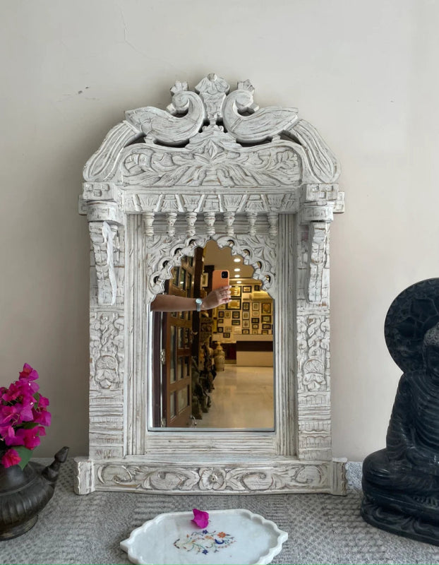 Hand Carved Peacock Design Solid Wood Mirror Frame - Elegant Wall Decor for Living Room, Bedroom & Bathroom