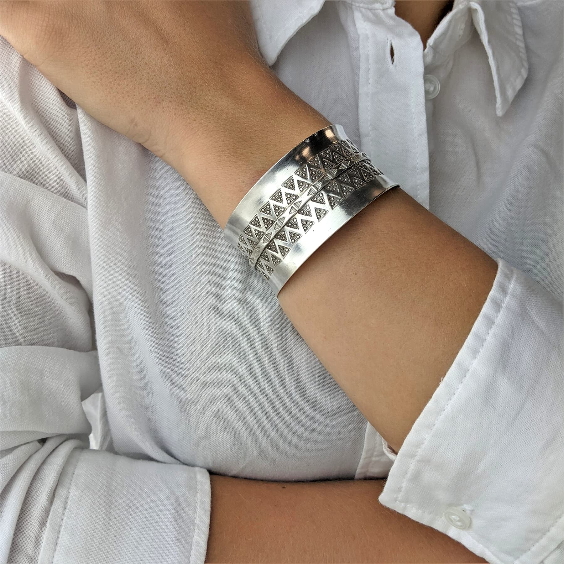 Women's 999 Fine Silver Karen Hill Tribe Triangle Print Adjustable Bangle Bracelet - Perfect for Boho Fashion, Gift Giving & Special Occasions
