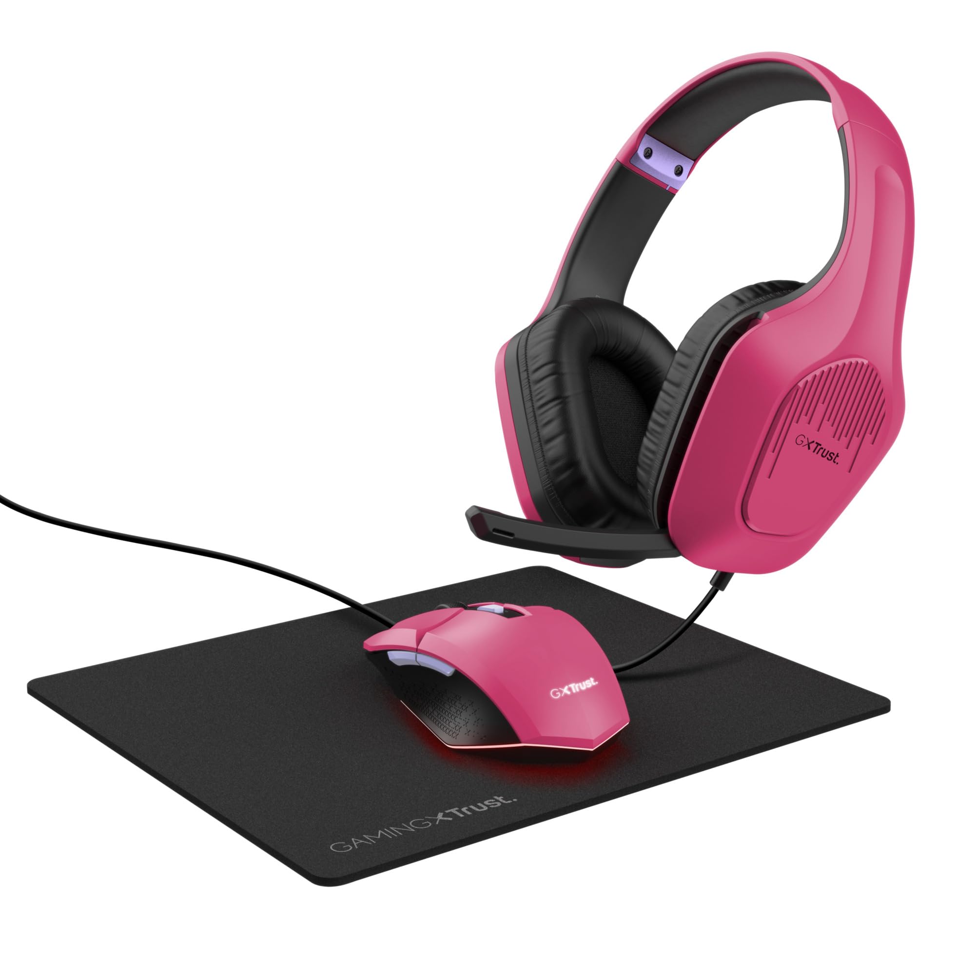 Trust Gaming GXT 790P Tridox 3-in-1 Gaming PC Bundle - Lightweight Headset with 50mm Drivers, Programmable Wired Mouse (200-6400 DPI), Mouse Pad - Complete Gaming Set for Computer, Laptop & Desktop (Pink) - Perfect for Esports, Streaming & Competitive Gaming