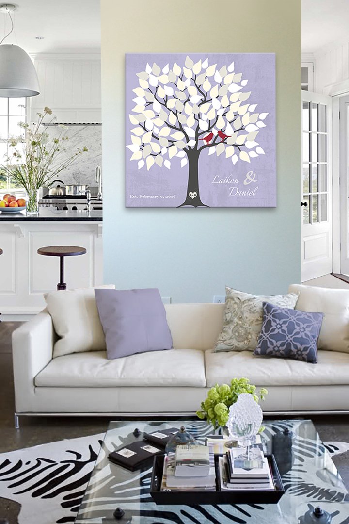 Personalized Wedding Tree Guest Book - Unique Bridal Shower Gift for 100-150 Signatures - Canvas Wall Art Decor in Lilac (24