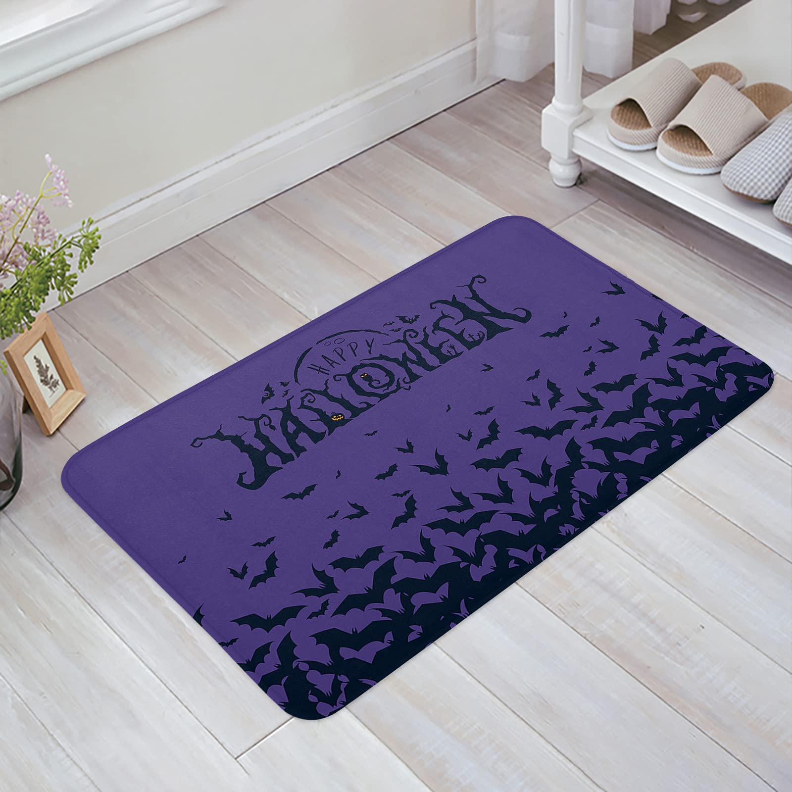 ARTSHOWING Halloween Doormat - Absorbent Low Profile Front Door Mat, Machine Washable Indoor/Outdoor Rug for Bathroom, Kitchen, Porch (18x30 Inches) - Bats Under Purple Night Sky Design - Perfect for Halloween Decor & Entryway Protection
