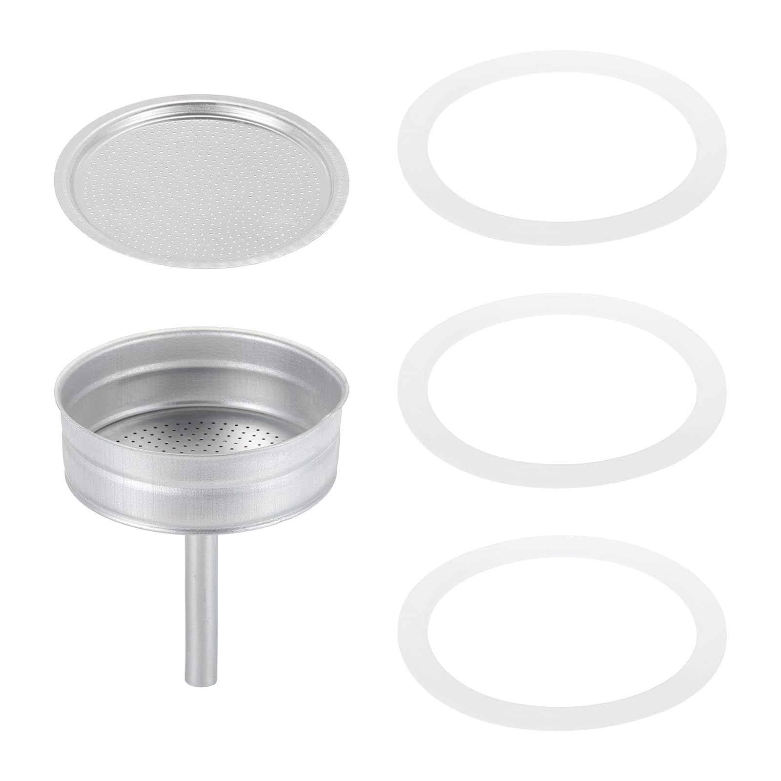 MECCANIXITY Stovetop Espresso Maker Replacement Parts - Aluminum Coffee Pot with 1 Filter & 3 Silicone Gaskets, Funnel (81x71x4mm) for 12-Cup Mocha Pot - Silver | Compatible with Bialetti & Other Stovetop Coffee Makers | Perfect for Home Brewing & Camping Coffee