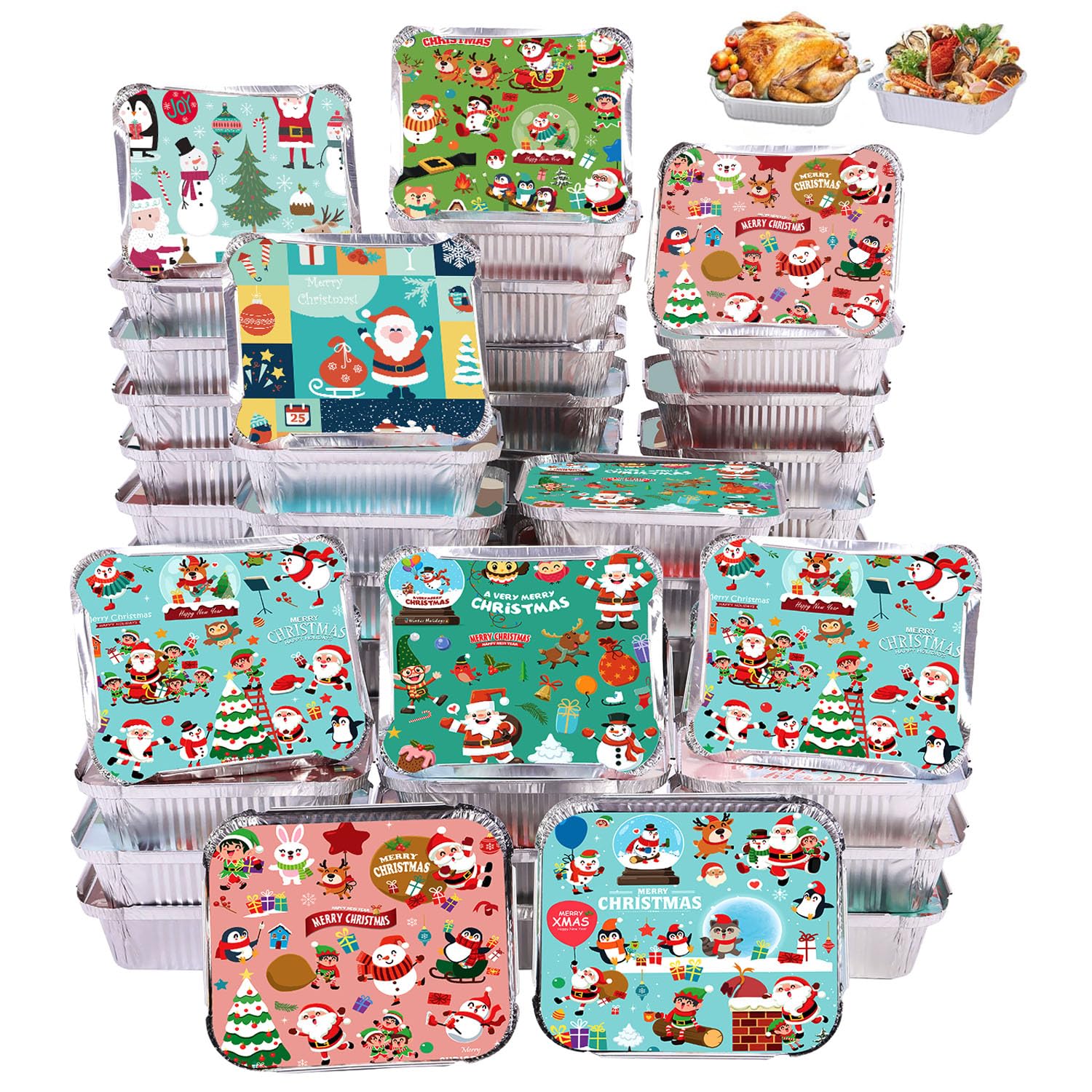 50 Pack Christmas Aluminum Pans with Lids - 6.5 x 5 Inch Disposable Food Containers for Baking, Roasting, Meal Prep, Storage | Perfect for Holiday Parties, BBQ, Thanksgiving & Christmas Dinner