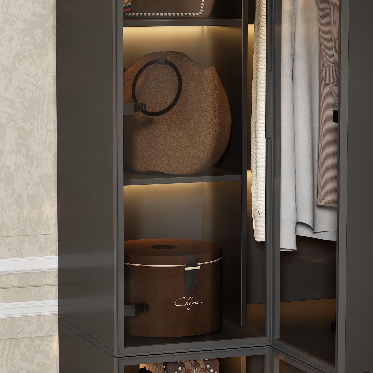 MOUMON L-Shaped Corner Wardrobe Closet with Glass Doors & LED Lights - Freestanding Clothes Storage Cabinet with Hanging Rod & Adjustable Shelves - Perfect for Bedroom, Guest Room, Walk-In Closet - Black (35.4”D x 35.4”W x 70.7”H) - Space-Saving Storage Solution for Small Apartments & Modern Homes
