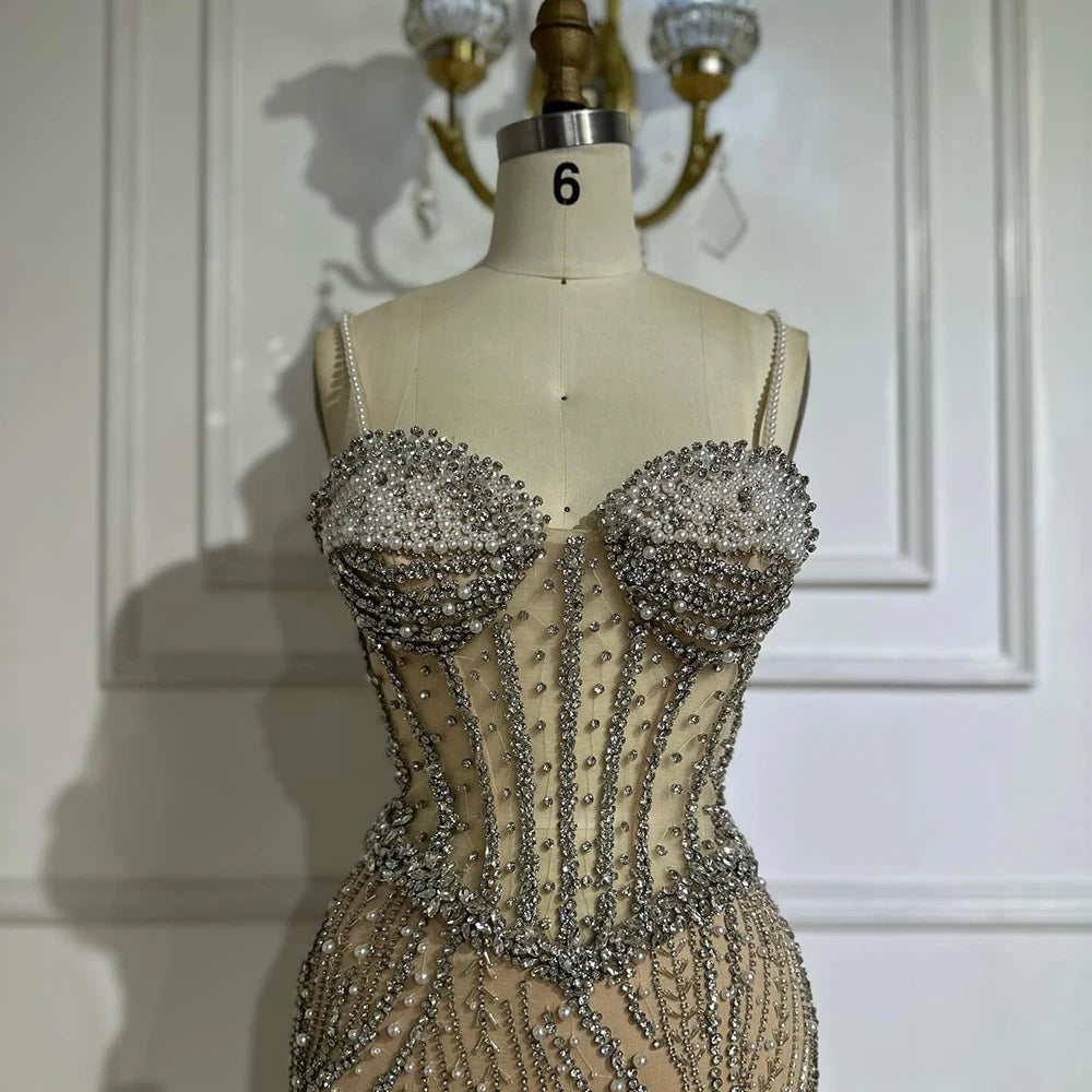 Elegant Spaghetti Strap Pearl Beaded Mermaid Evening Gown for Women - Luxury Dubai Style Formal Dress LA72865 | Perfect for Prom, Wedding, Gala & Special Occasions