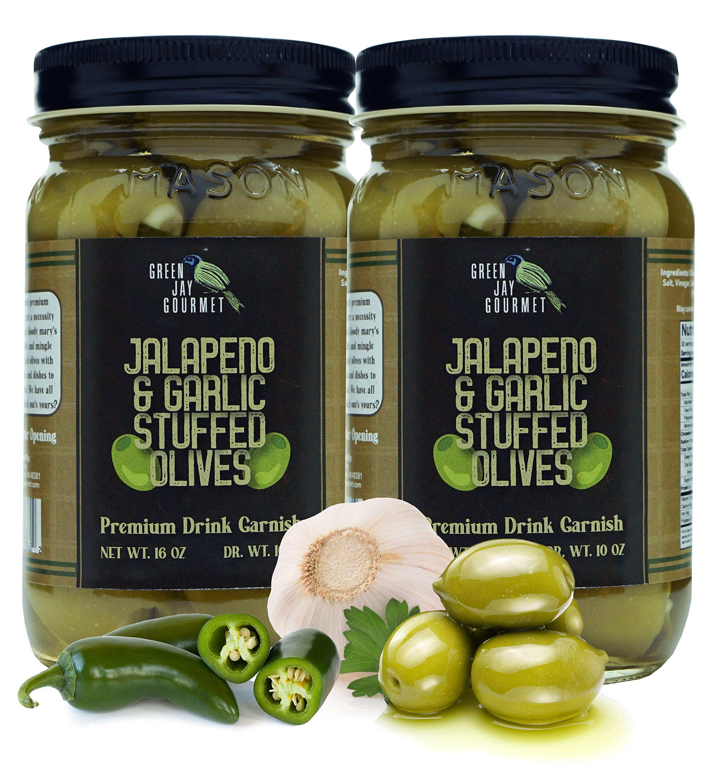 Premium Gourmet Double Stuffed Green Olives with Jalapeño & Garlic - All Natural Large Olives for Dirty Martinis, Cocktail Garnish & Charcuterie Boards - 2 Pack (16oz Each) - Perfect for Home Bars, Parties & Gourmet Gifts