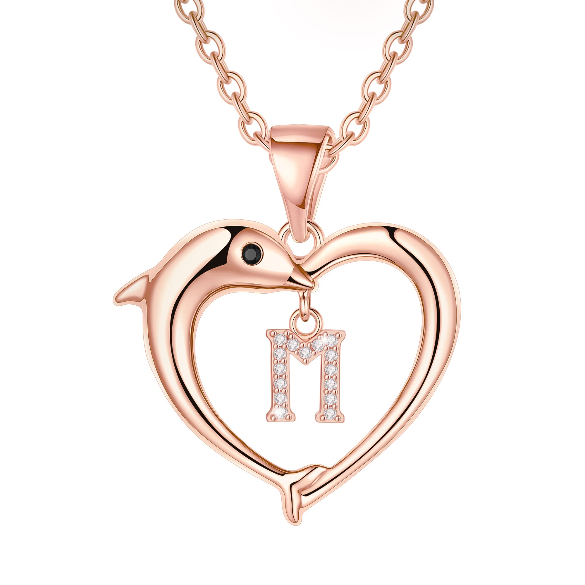 Dolphin Heart Initial Necklace for Women & Girls - CZ Letter Necklace Jewelry Gift for Her - Perfect for Birthdays, Valentine's Day & Everyday Wear